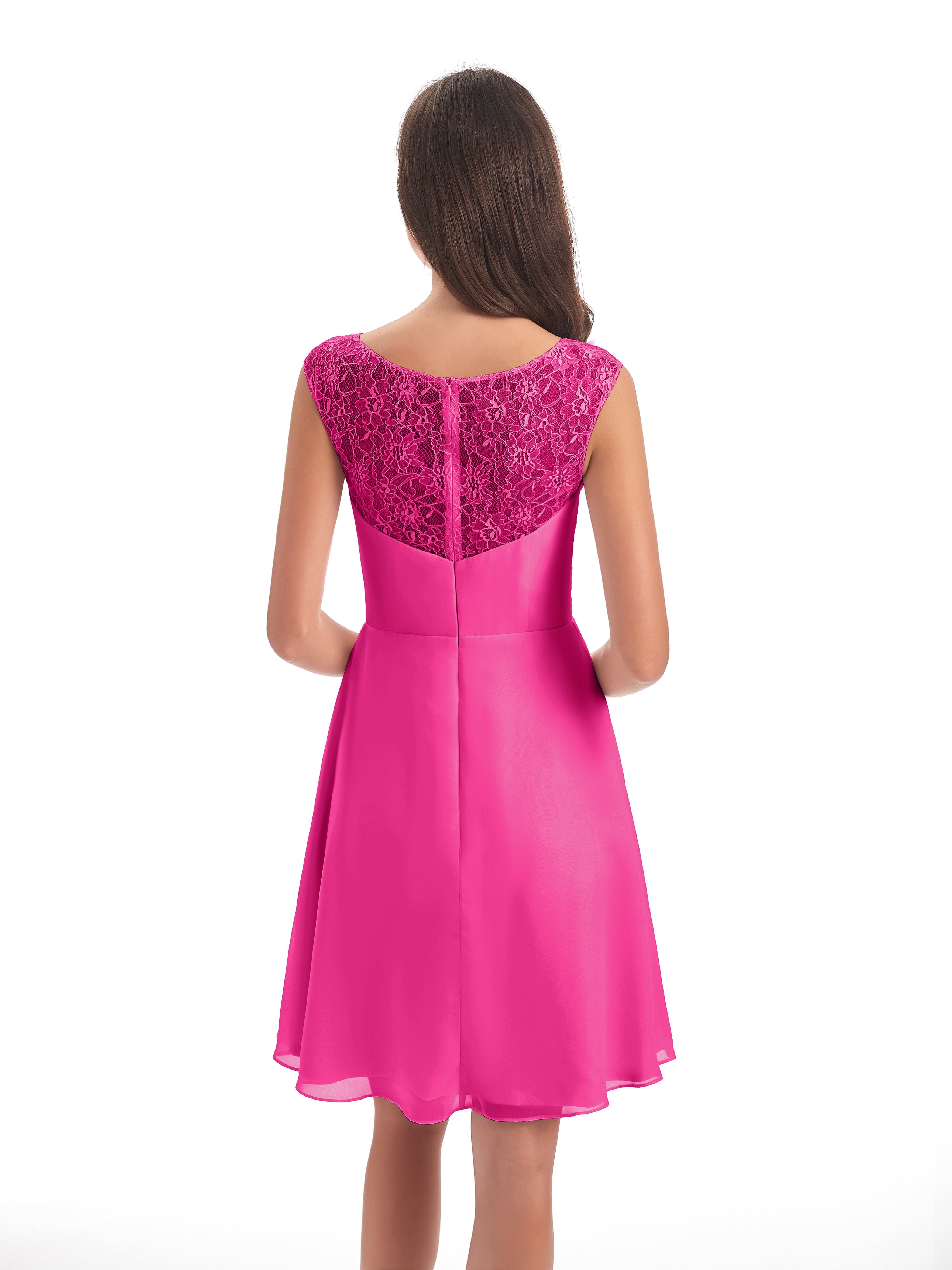 Robe Demoiselle D Honneur Rose Fuchsia Courte Dentelle/Mousseline Robes Demoiselle D'Honneur Avec Plissé