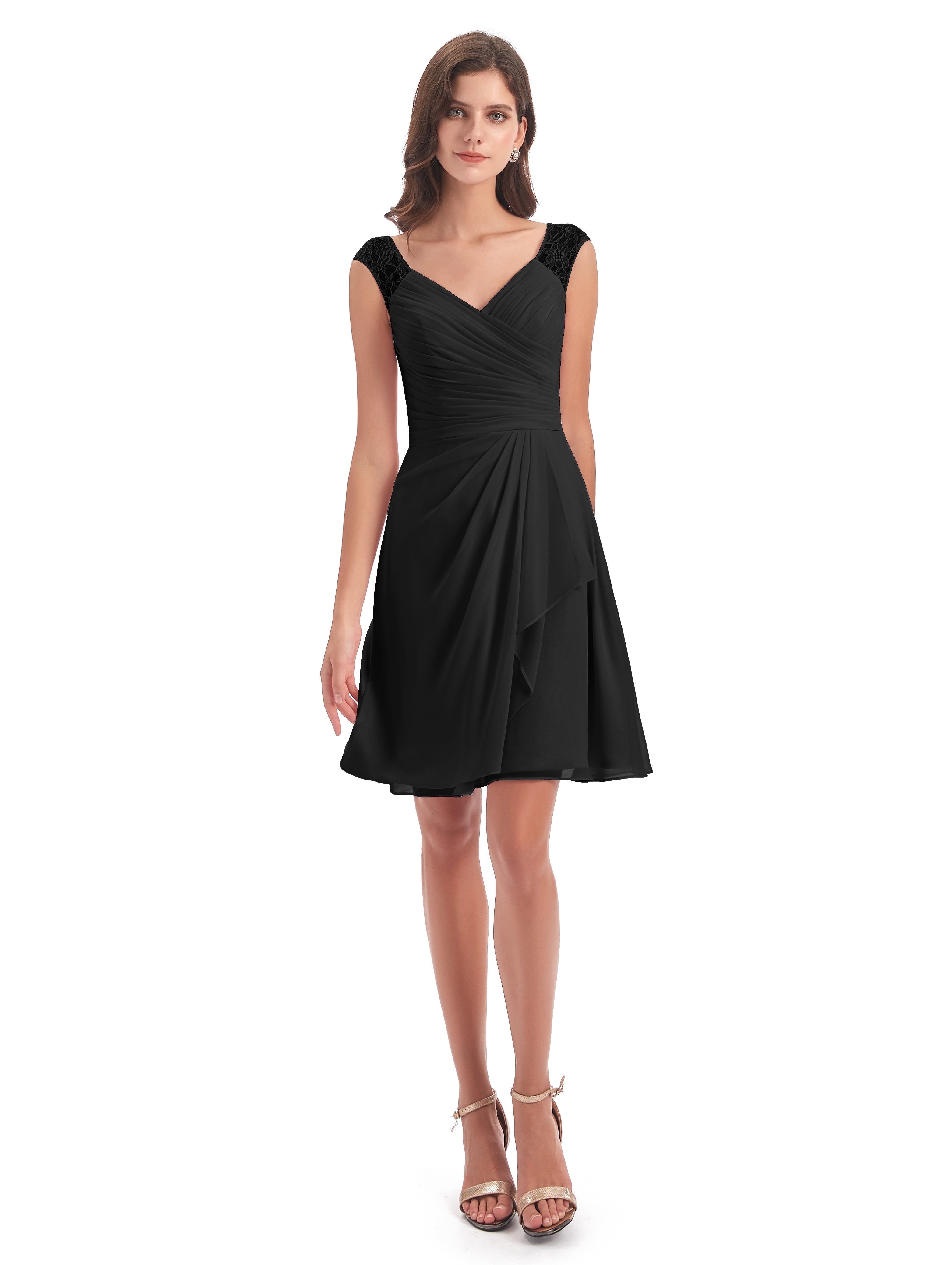 Robe Demoiselle D Honneur Noire Courte Dentelle/Mousseline Robes Demoiselle D'Honneur Avec Plissé
