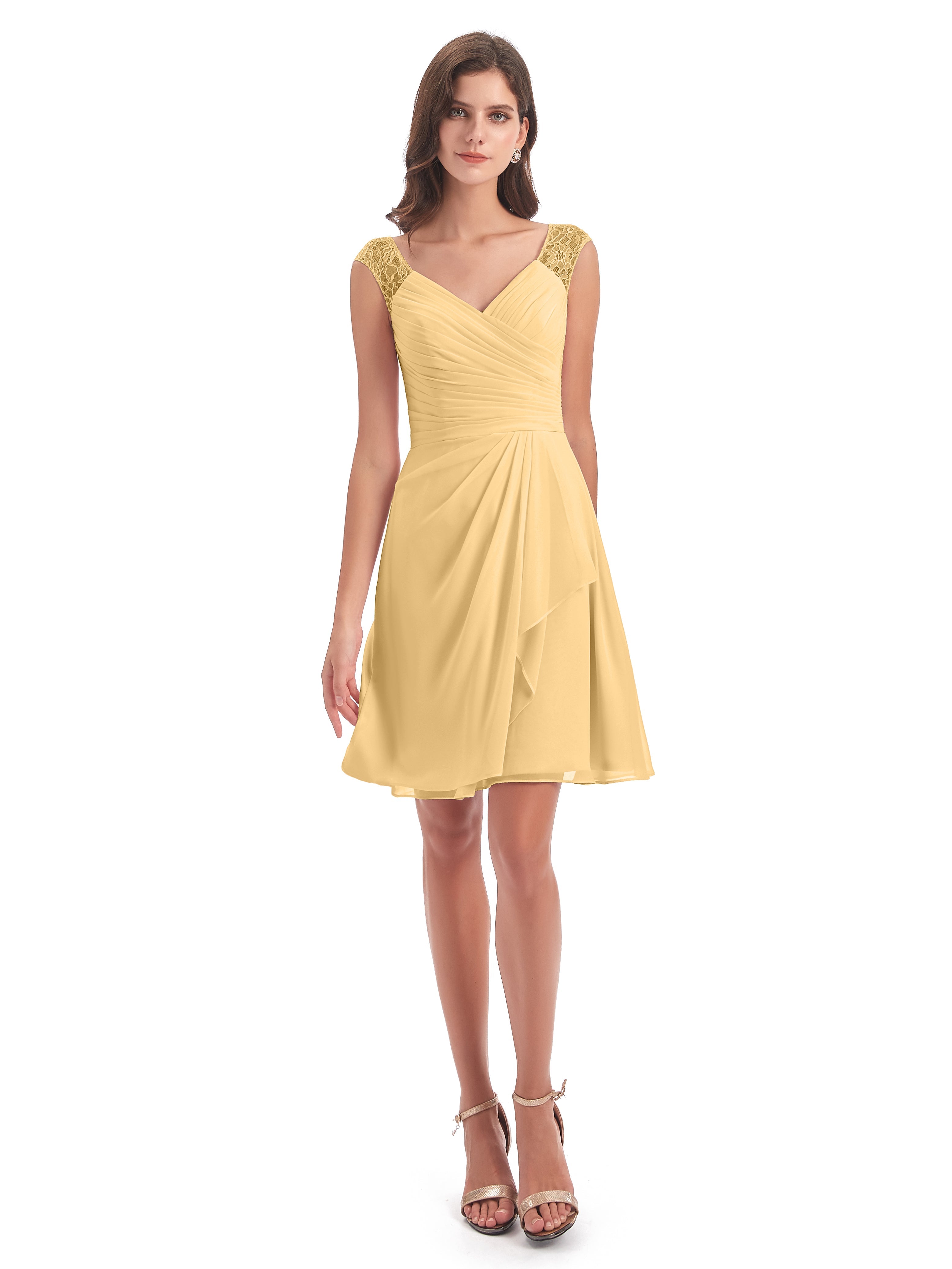 Robe Demoiselle D Honneur Or Courte Dentelle/Mousseline Robes Demoiselle D'Honneur Avec Plissé