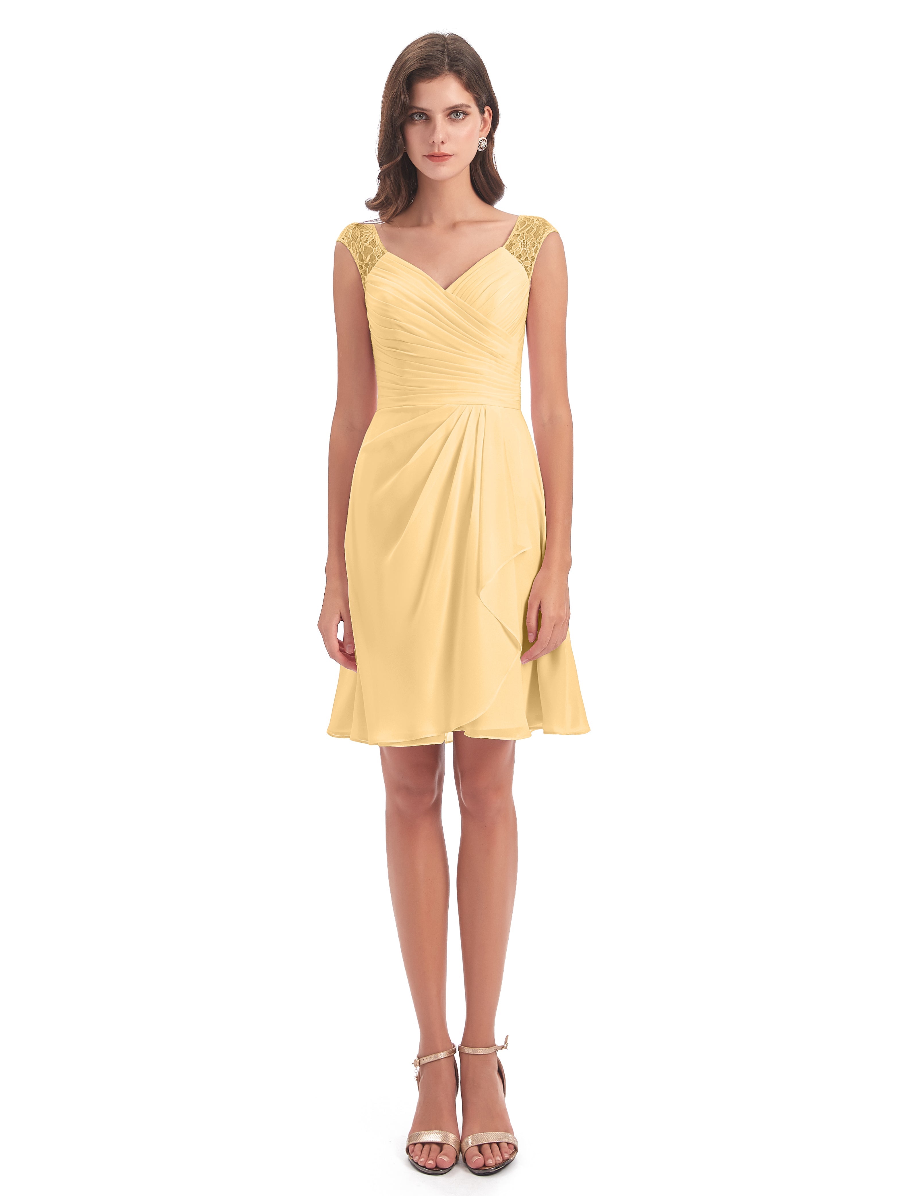 Robe Demoiselle D Honneur Or Courte Dentelle/Mousseline Robes Demoiselle D'Honneur Avec Plissé
