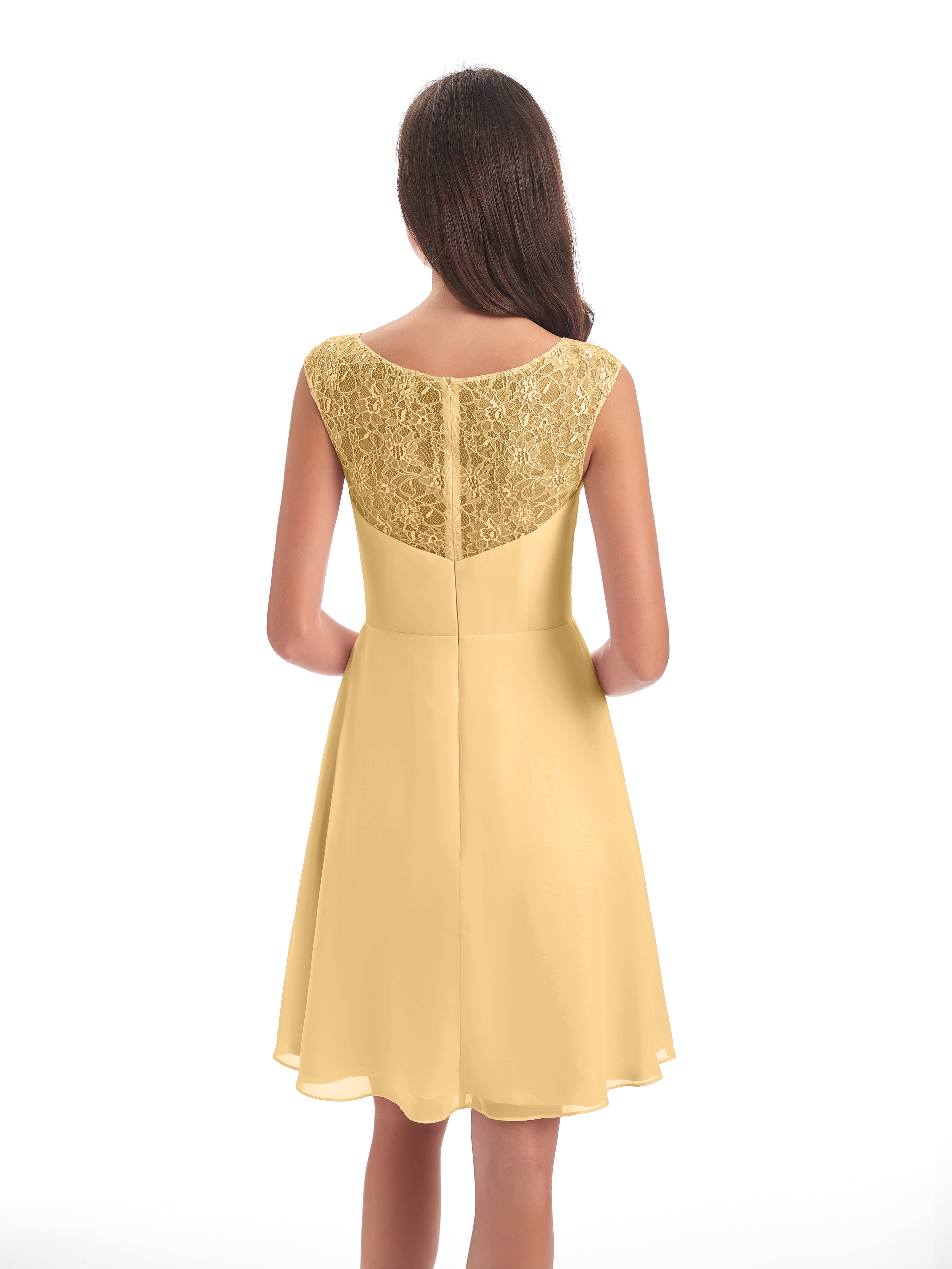 Robe Demoiselle D Honneur Or Courte Dentelle/Mousseline Robes Demoiselle D'Honneur Avec Plissé