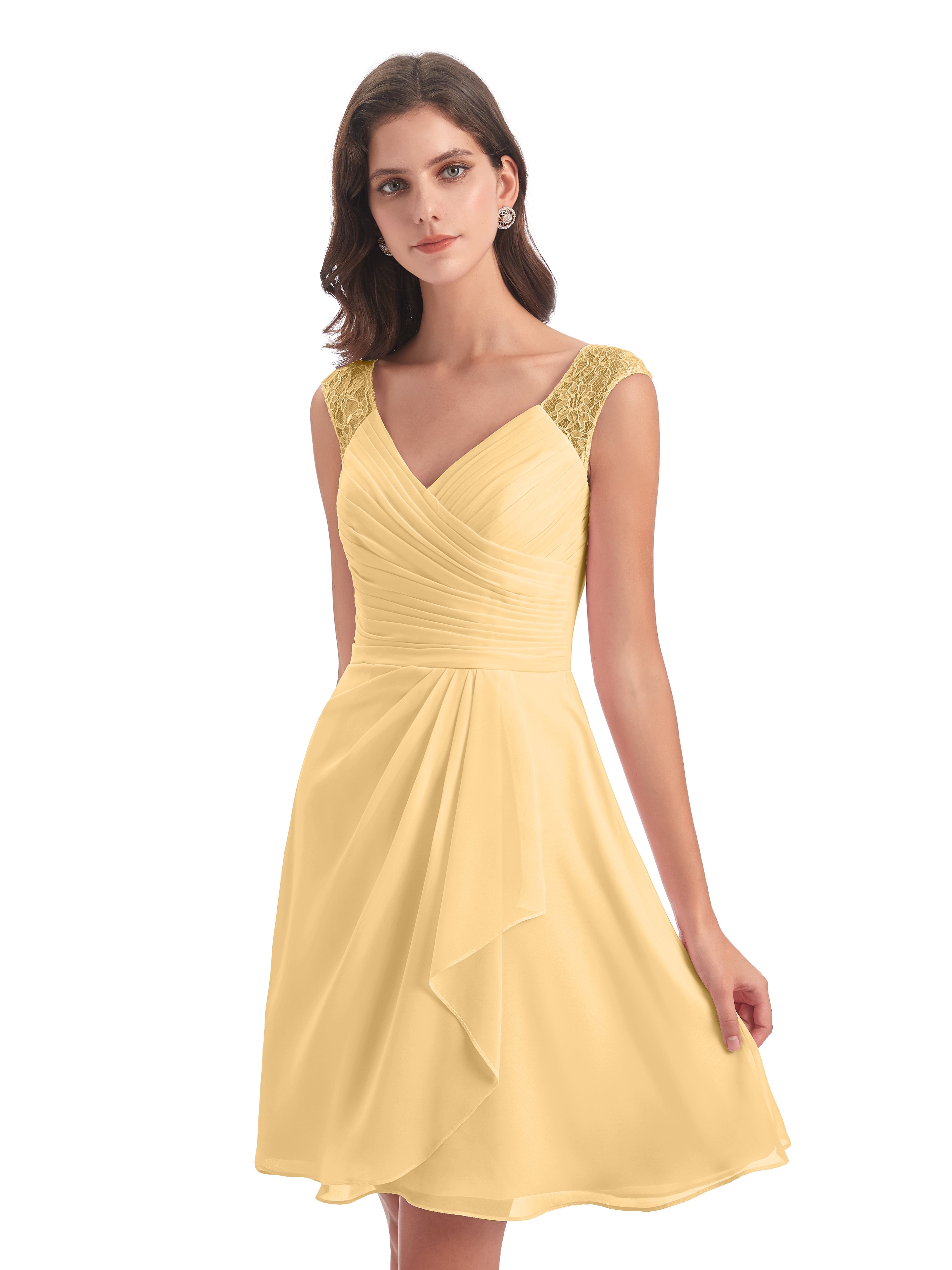 Robe Demoiselle D Honneur Or Courte Dentelle/Mousseline Robes Demoiselle D'Honneur Avec Plissé