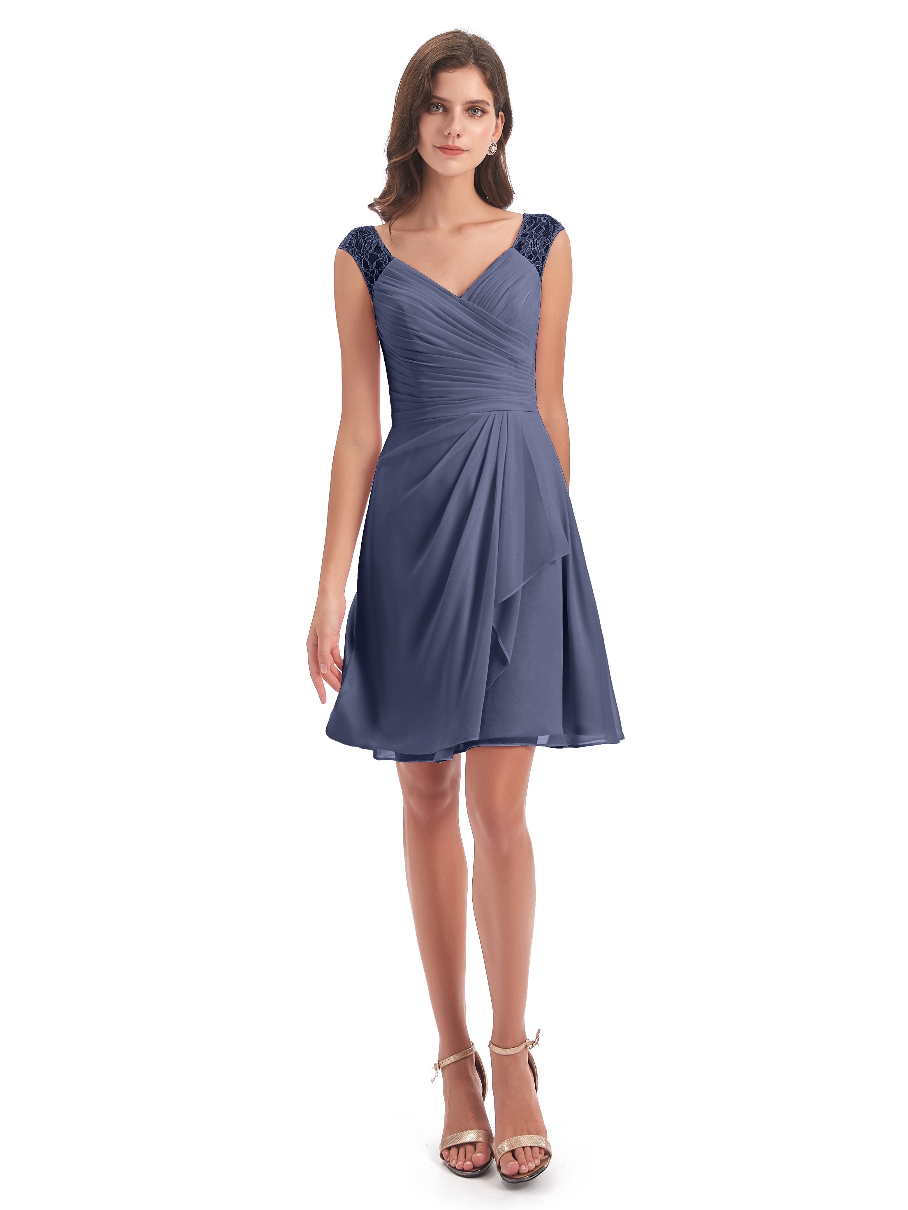 Robes De Demoiselle D'Honneur Bleu Orageux Courte Dentelle/Mousseline Robes Demoiselle D'Honneur Avec Plissé