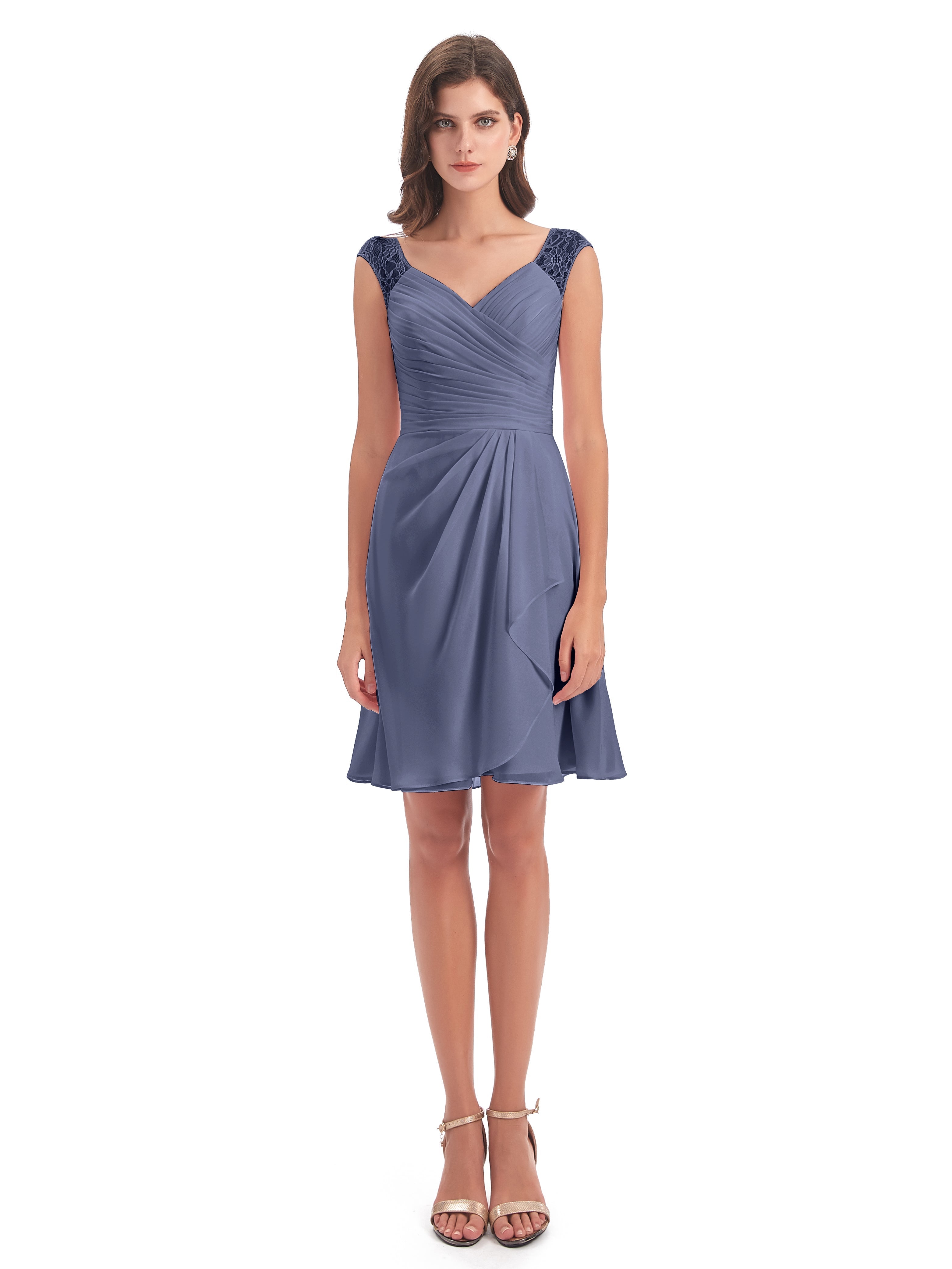 Robes De Demoiselle D'Honneur Bleu Orageux Courte Dentelle/Mousseline Robes Demoiselle D'Honneur Avec Plissé
