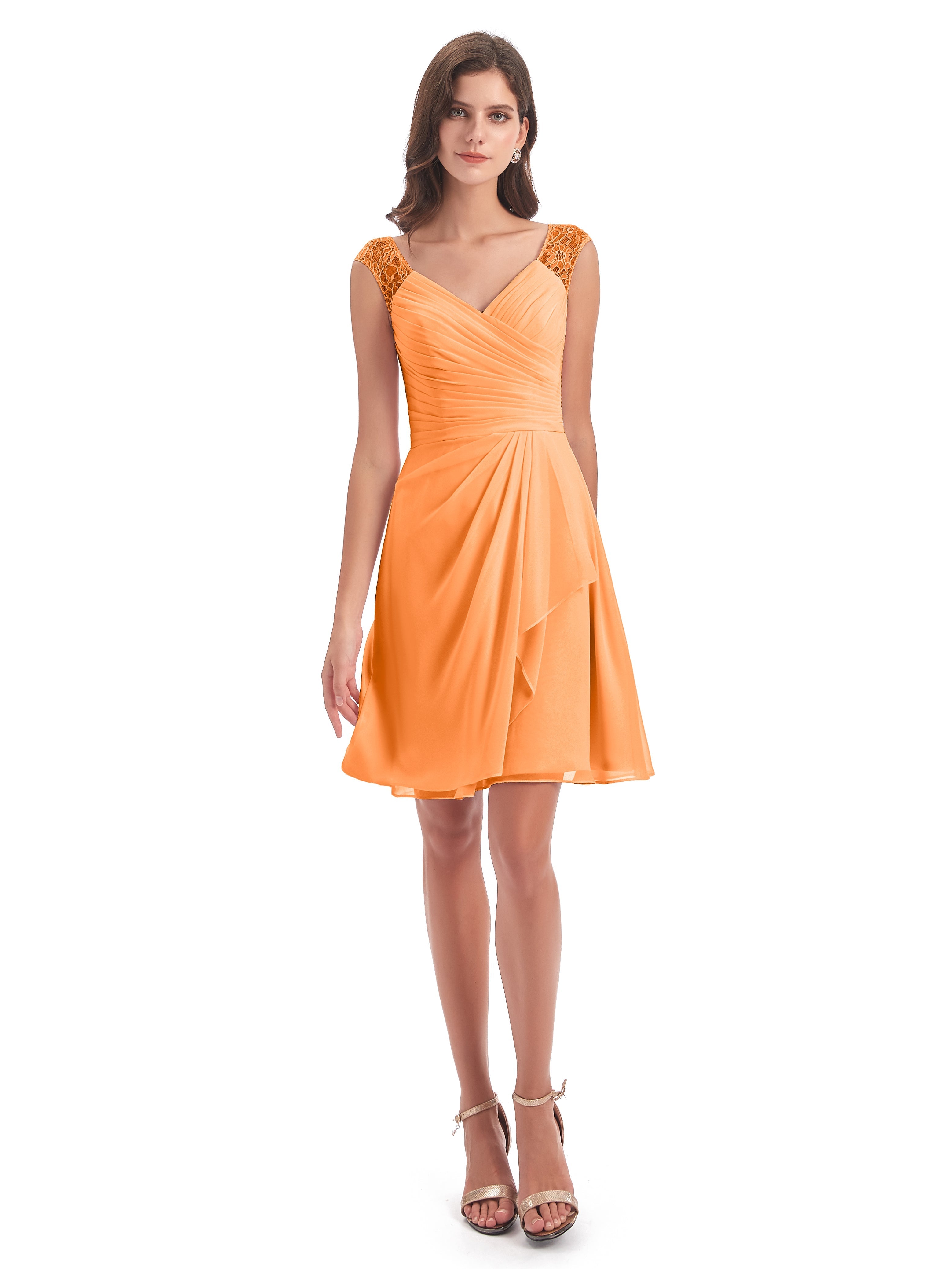 Robe Demoiselle D Honneur Orange Vif Courte Dentelle/Mousseline Robes Demoiselle D'Honneur Avec Plissé