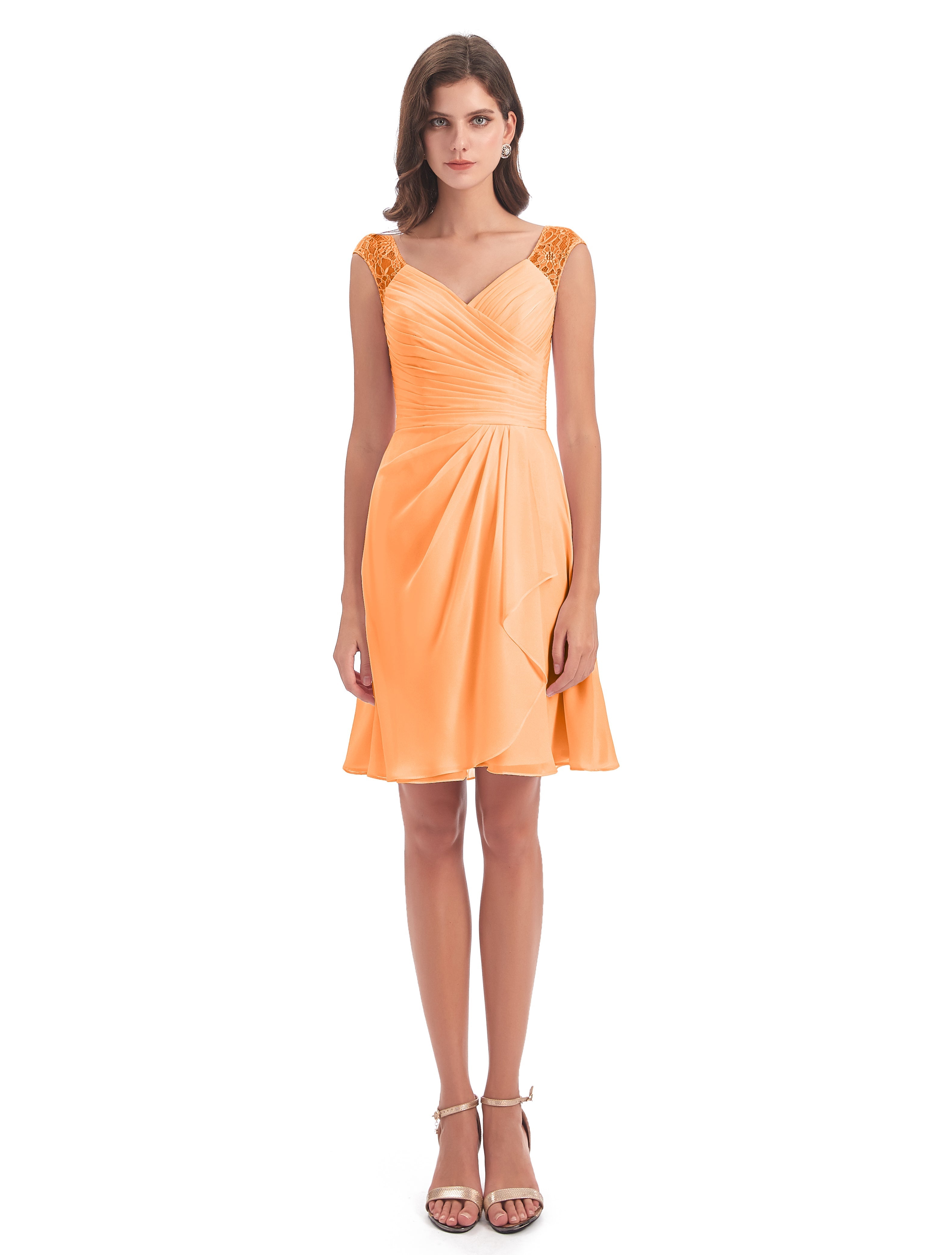 Robe Demoiselle D Honneur Orange Vif Courte Dentelle/Mousseline Robes Demoiselle D'Honneur Avec Plissé