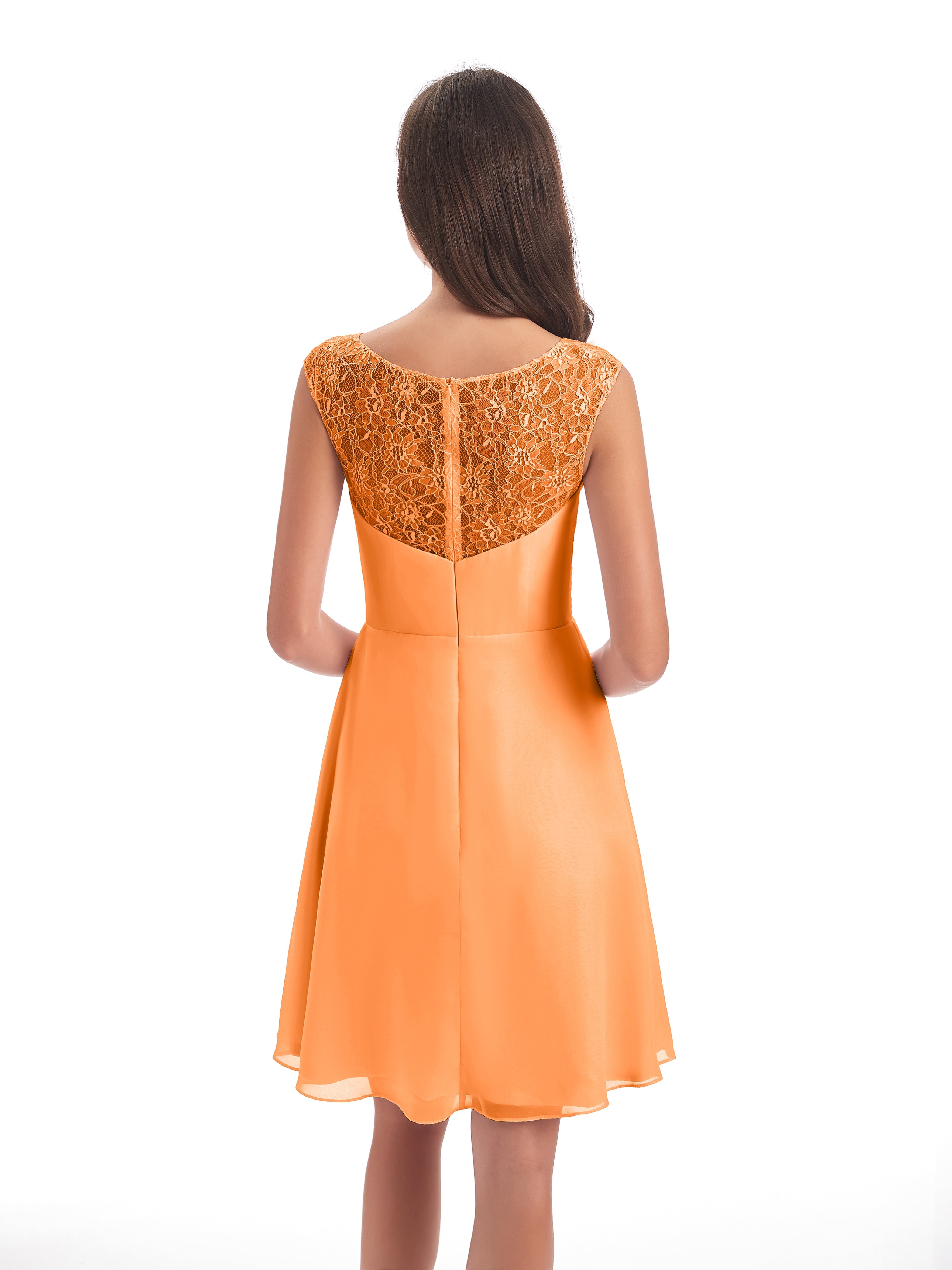 Robe Demoiselle D Honneur Orange Vif Courte Dentelle/Mousseline Robes Demoiselle D'Honneur Avec Plissé