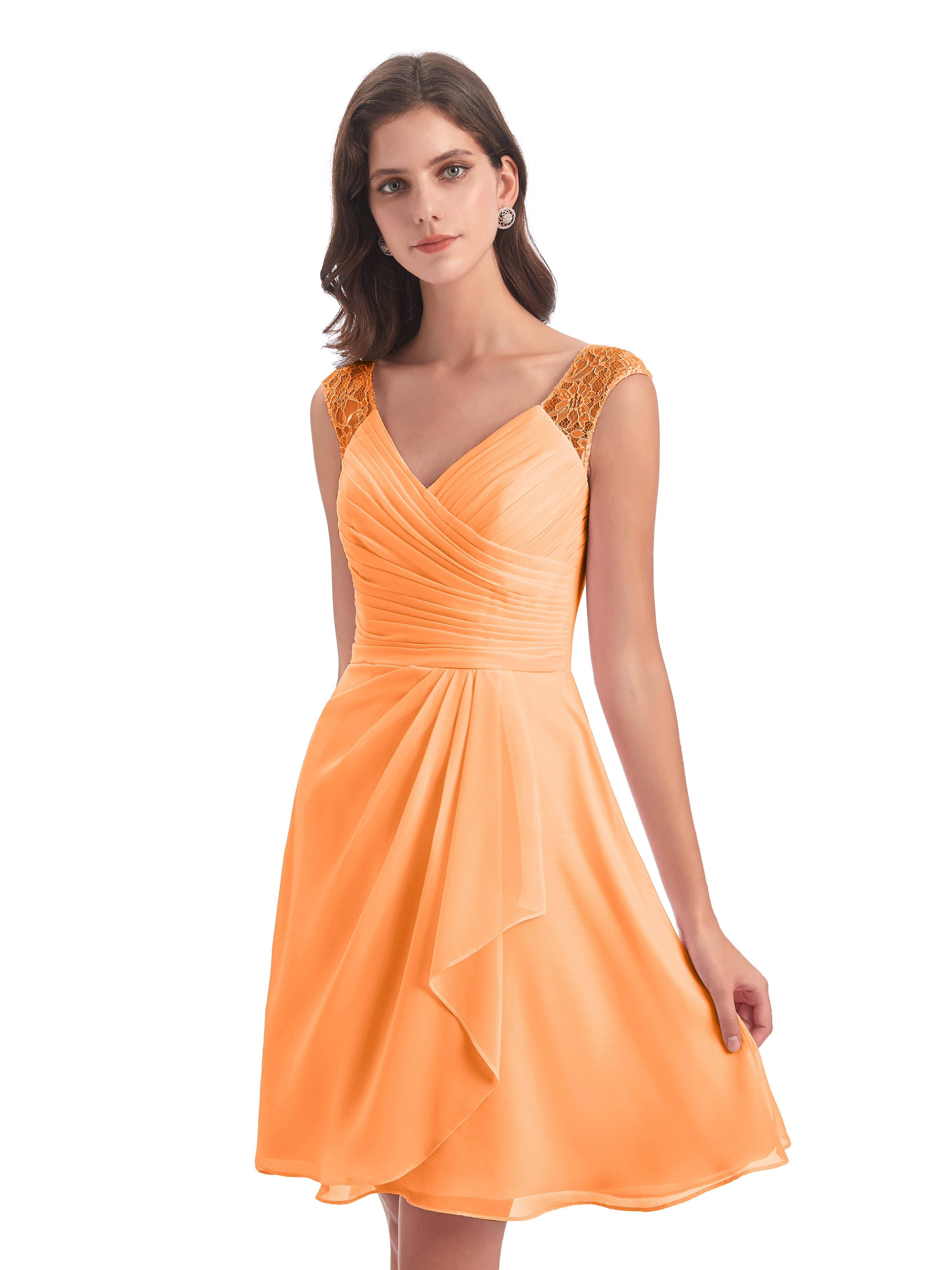 Robe Demoiselle D Honneur Orange Vif Courte Dentelle/Mousseline Robes Demoiselle D'Honneur Avec Plissé