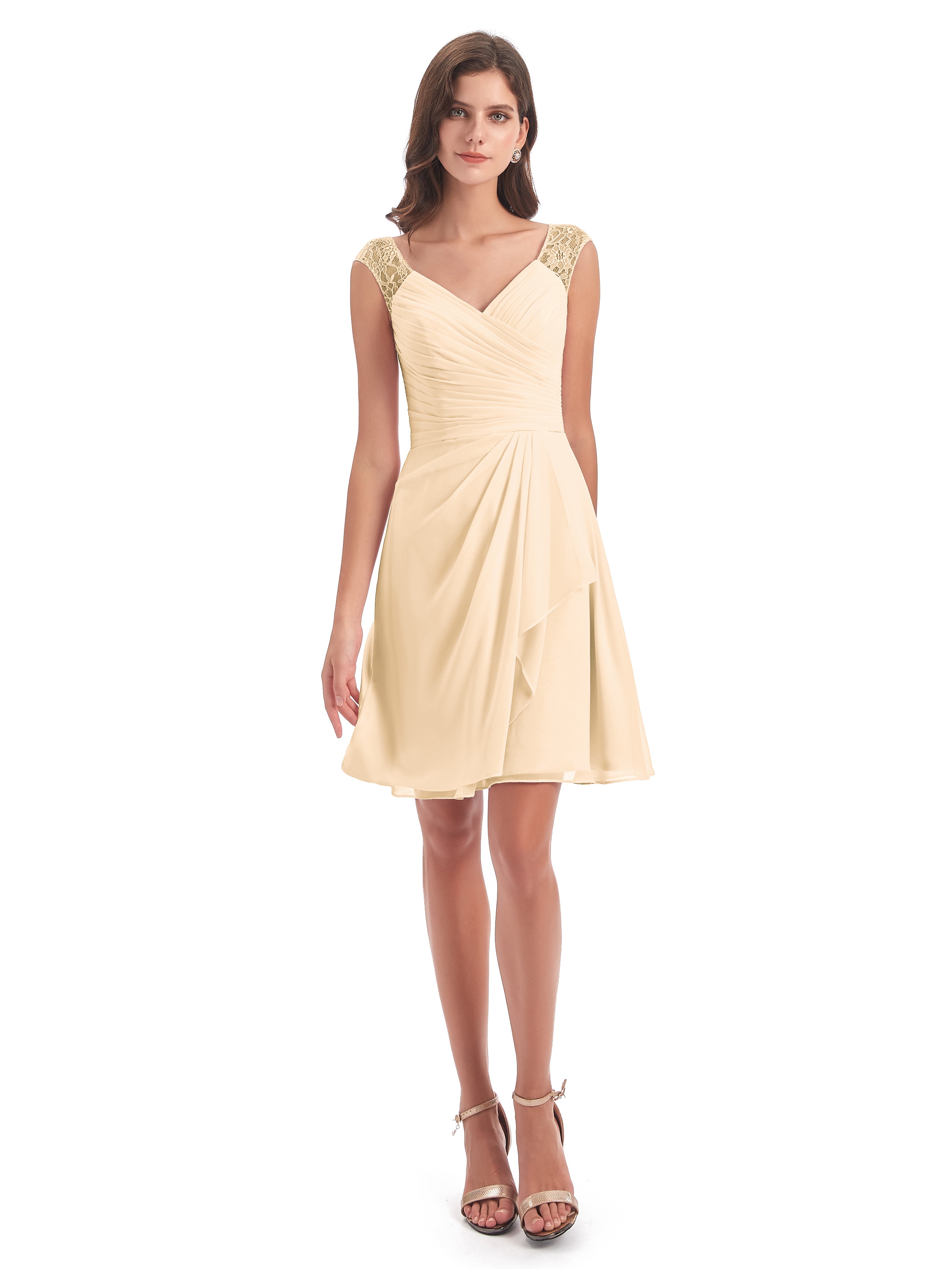Robe De Demoiselle D Honneur Peche Courte Dentelle/Mousseline Robes Demoiselle D'Honneur Avec Plissé