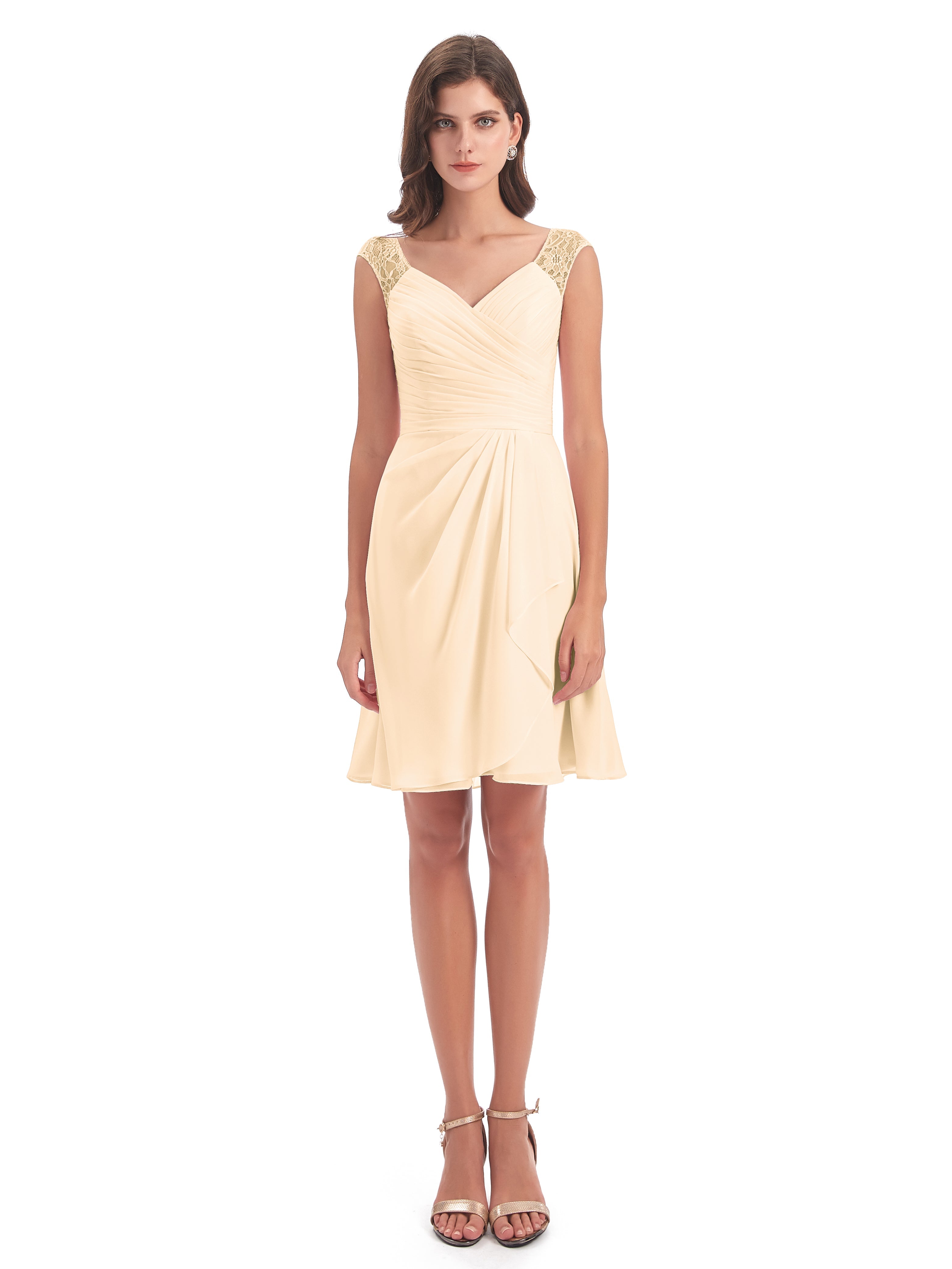Robe De Demoiselle D Honneur Peche Courte Dentelle/Mousseline Robes Demoiselle D'Honneur Avec Plissé