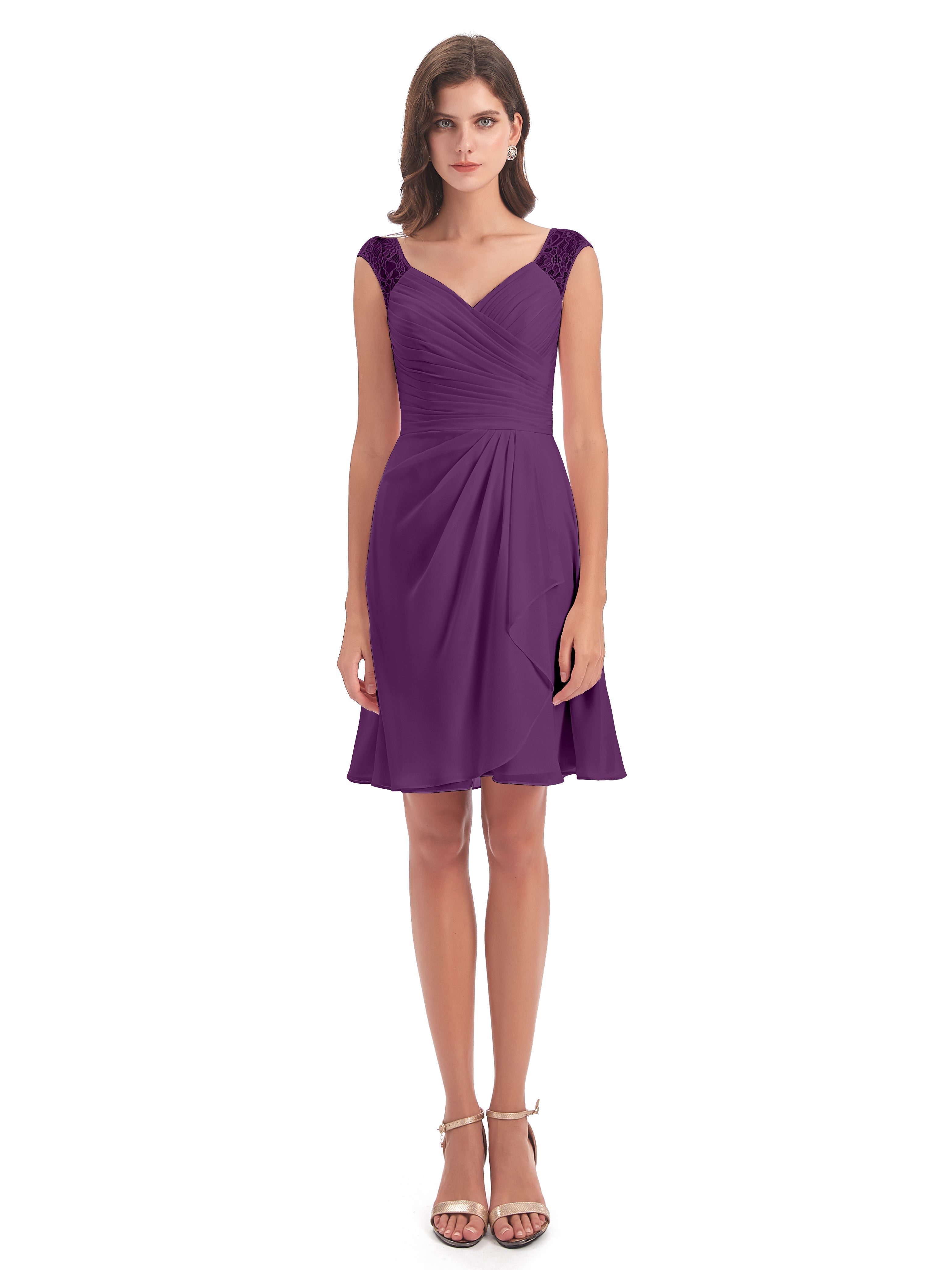 Robes De Demoiselle D'Honneur En Raisin Courte Dentelle/Mousseline Robes Demoiselle D'Honneur Avec Plissé