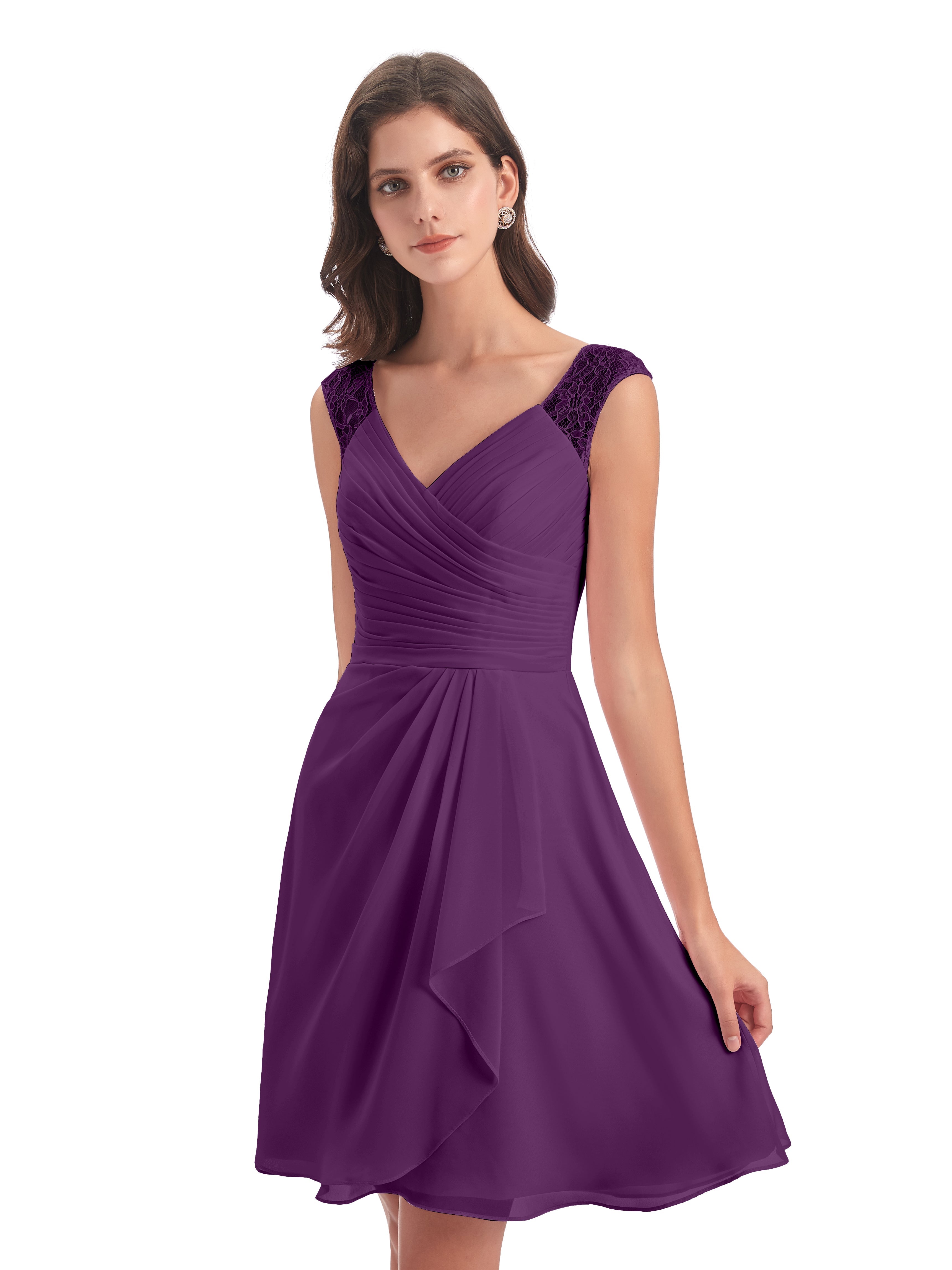 Robes De Demoiselle D'Honneur En Raisin Courte Dentelle/Mousseline Robes Demoiselle D'Honneur Avec Plissé