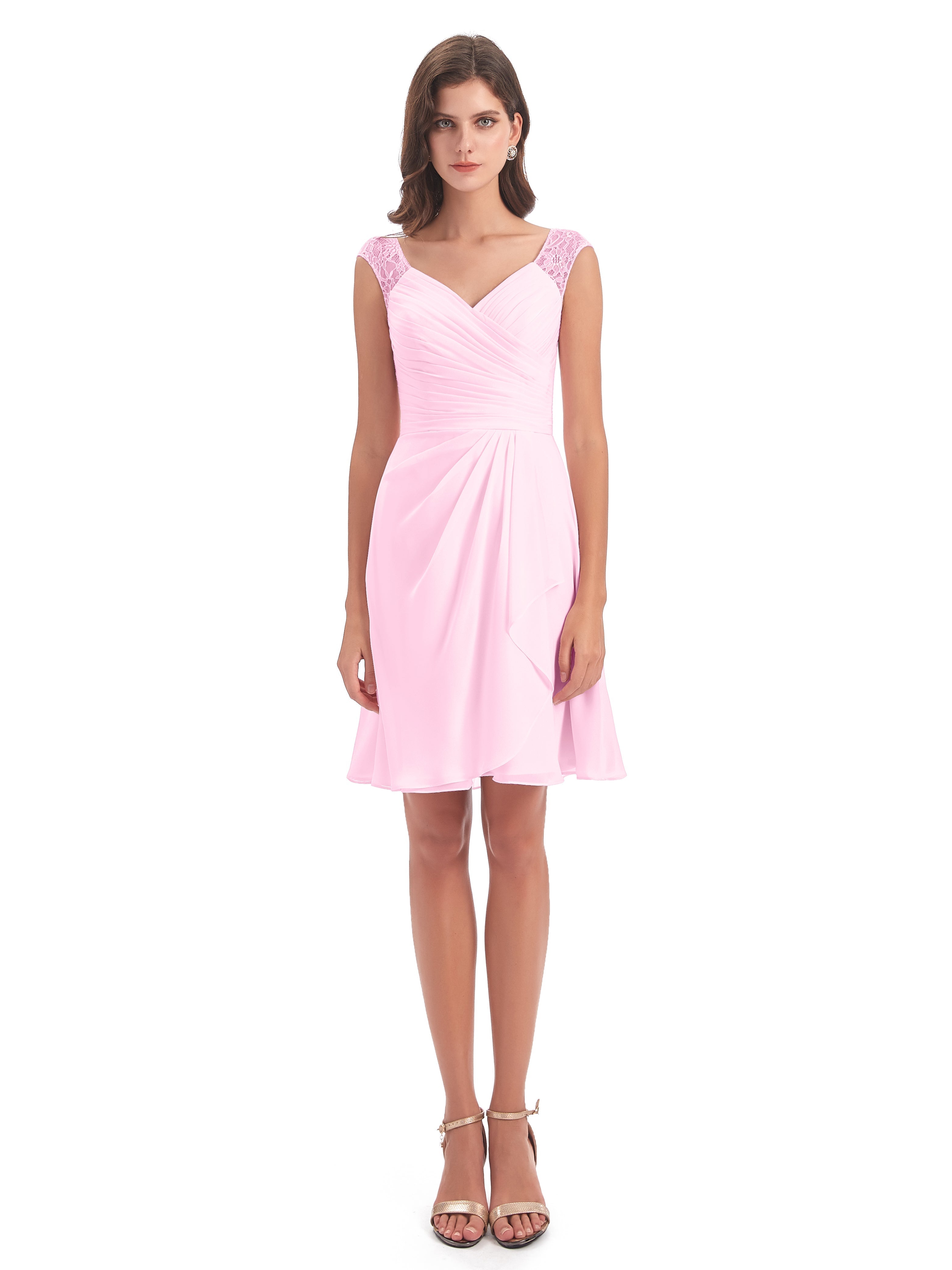 Robes De Demoiselle D'Honneur Rose Bonbon Courte Dentelle/Mousseline Robes Demoiselle D'Honneur Avec Plissé