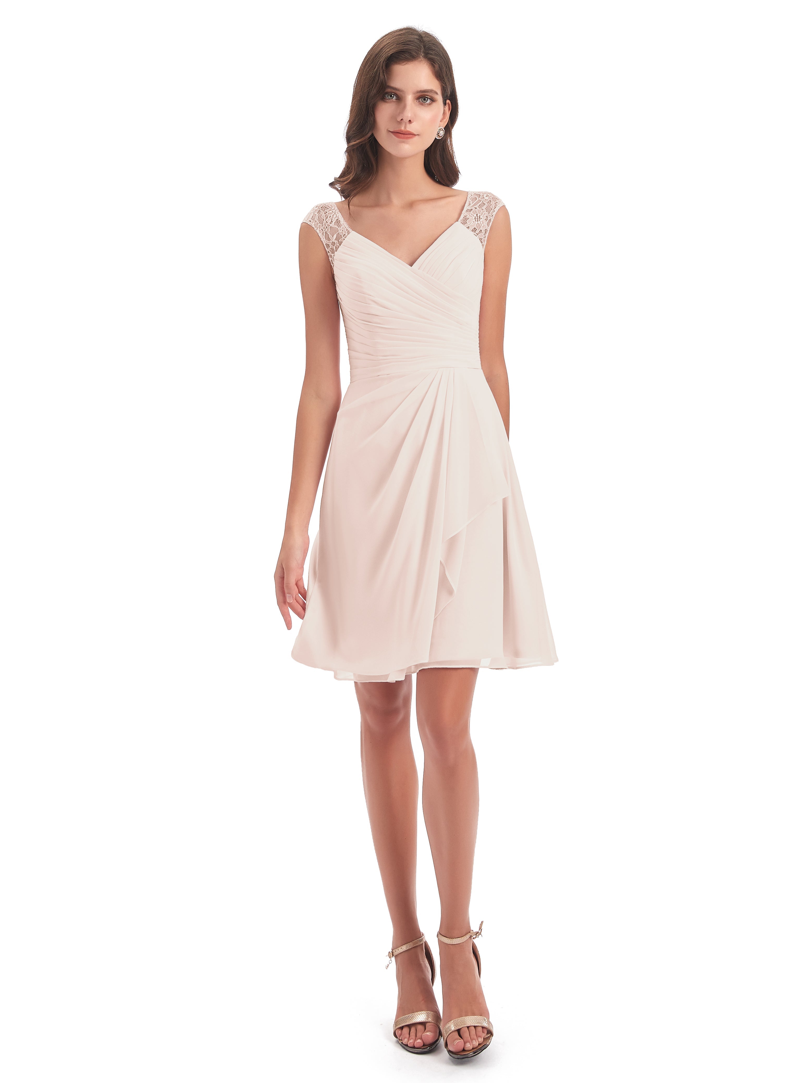 Robe De Demoiselle D'Honneur En Perles Courte Dentelle/Mousseline Robes Demoiselle D'Honneur Avec Plissé