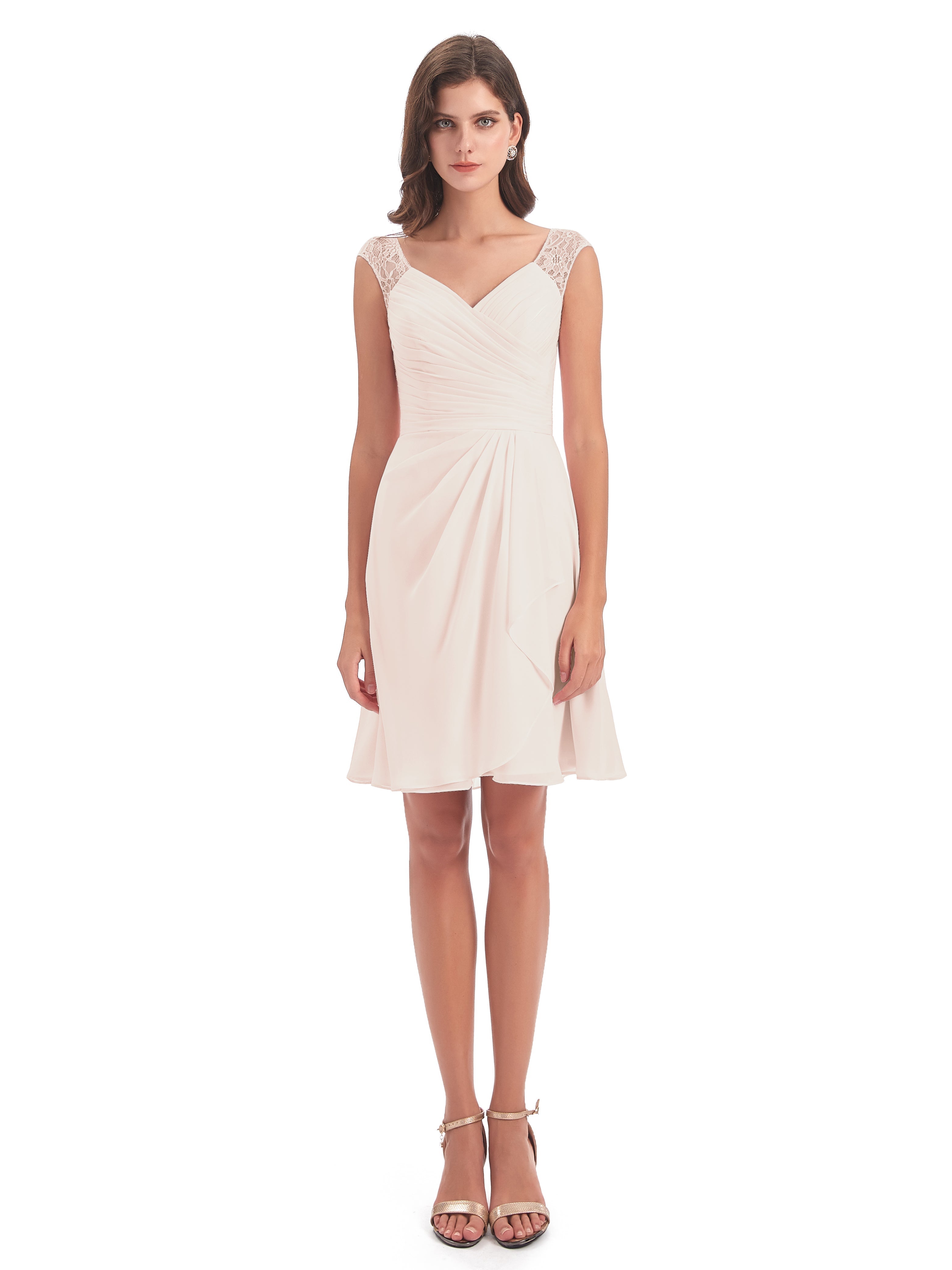 Robe De Demoiselle D'Honneur En Perles Courte Dentelle/Mousseline Robes Demoiselle D'Honneur Avec Plissé