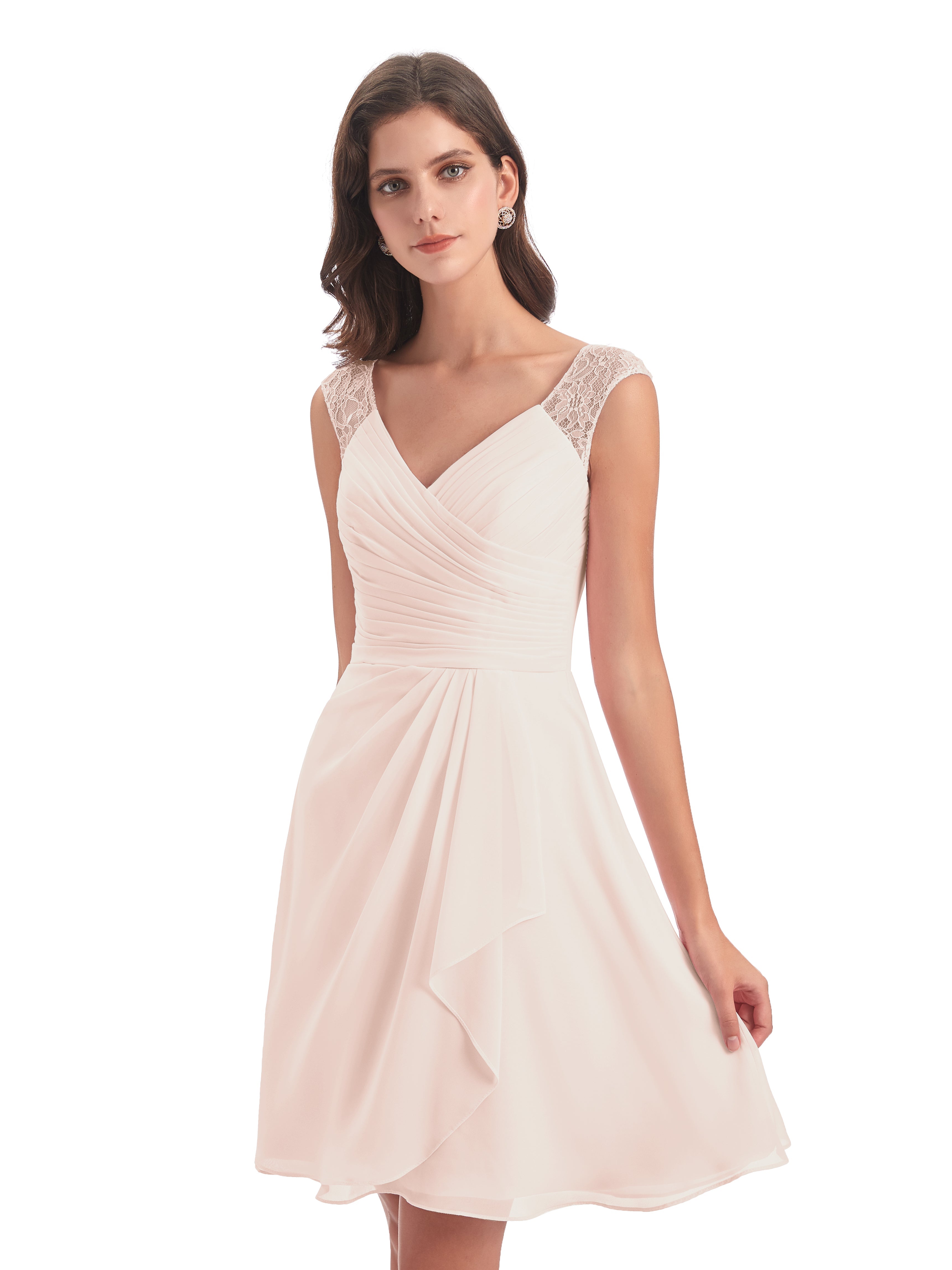 Robe De Demoiselle D'Honneur En Perles Courte Dentelle/Mousseline Robes Demoiselle D'Honneur Avec Plissé