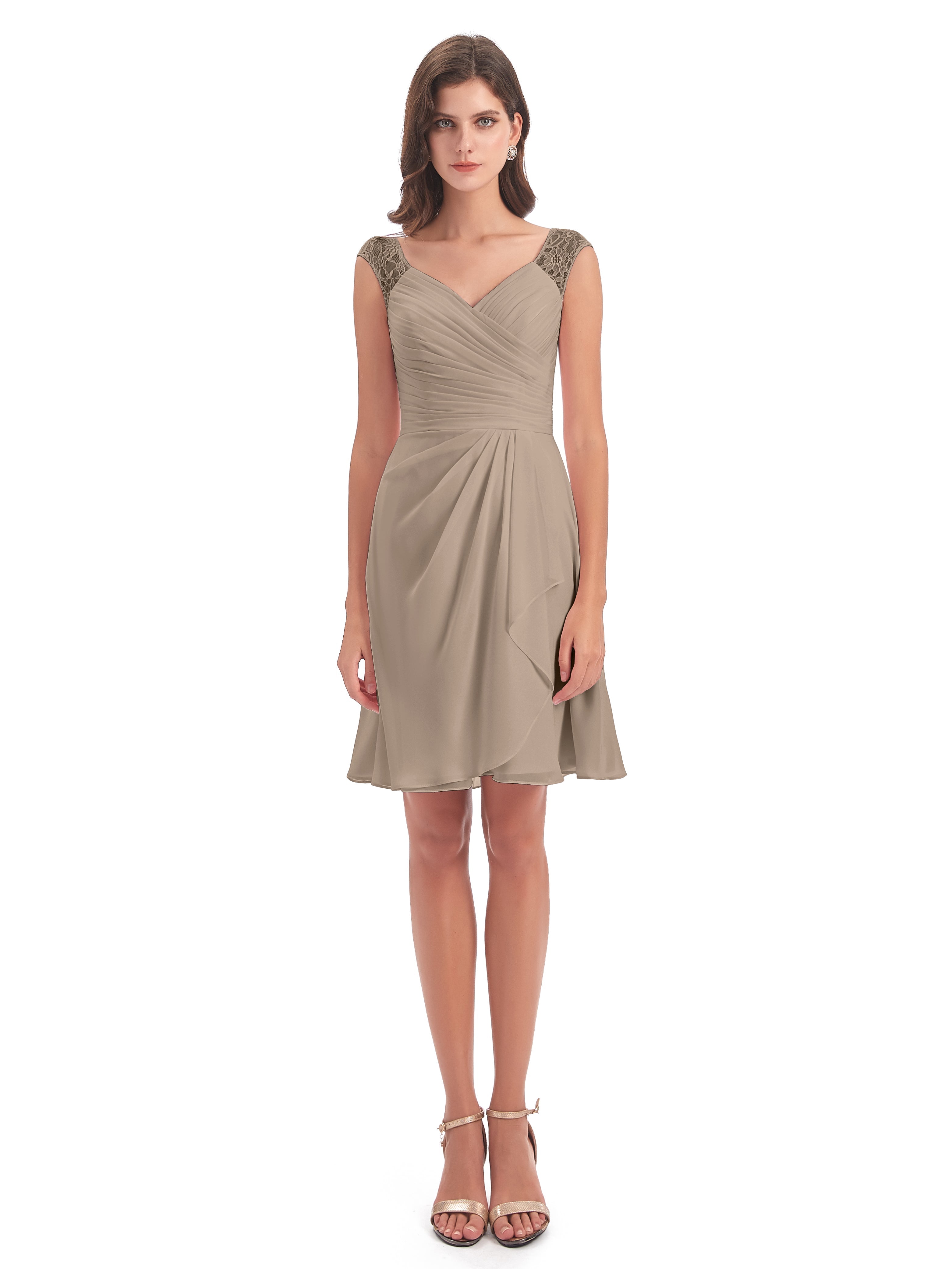 Couleur Taupe Robe Courte Dentelle/Mousseline Robes Demoiselle D'Honneur Avec Plissé