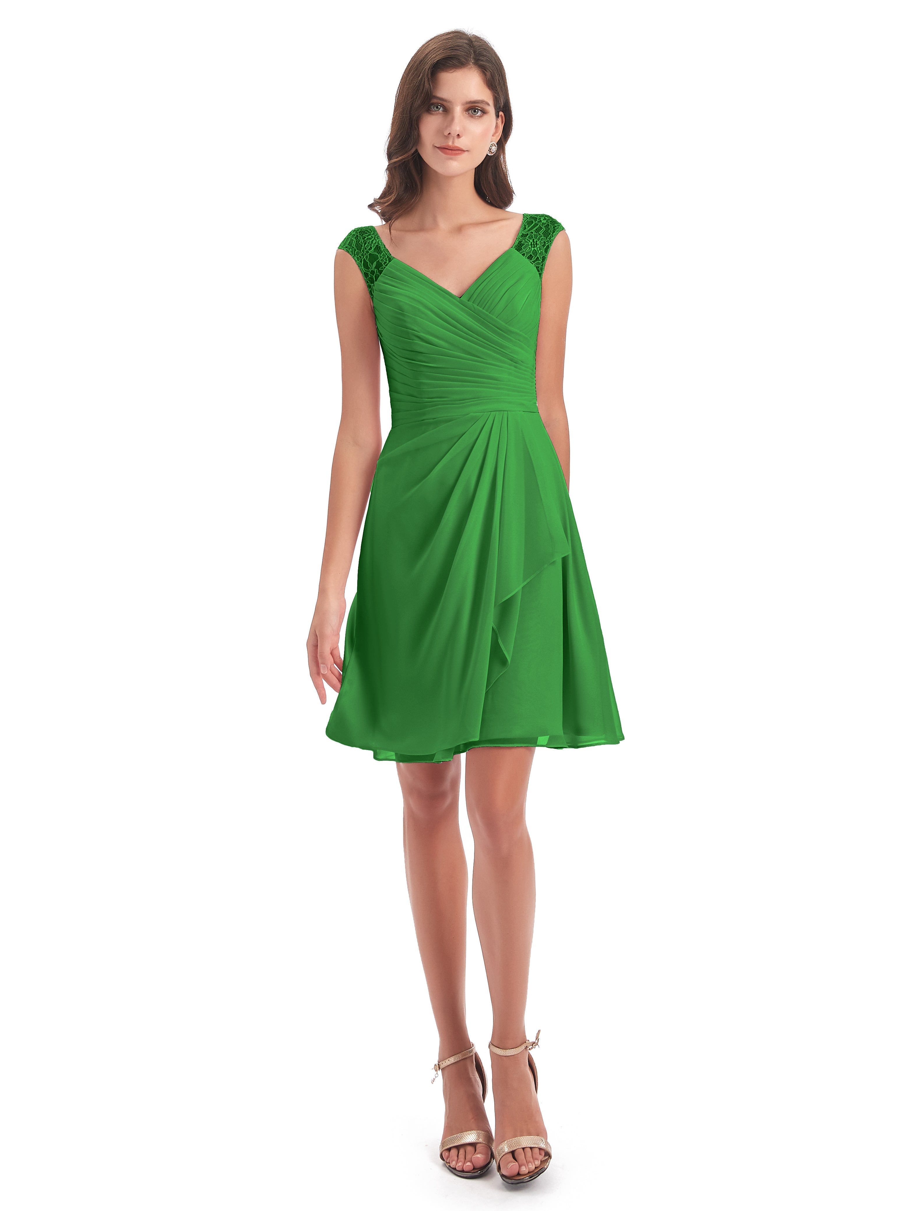 Robe Verte Demoiselle D Honneur Courte Dentelle/Mousseline Robes Demoiselle D'Honneur Avec Plissé