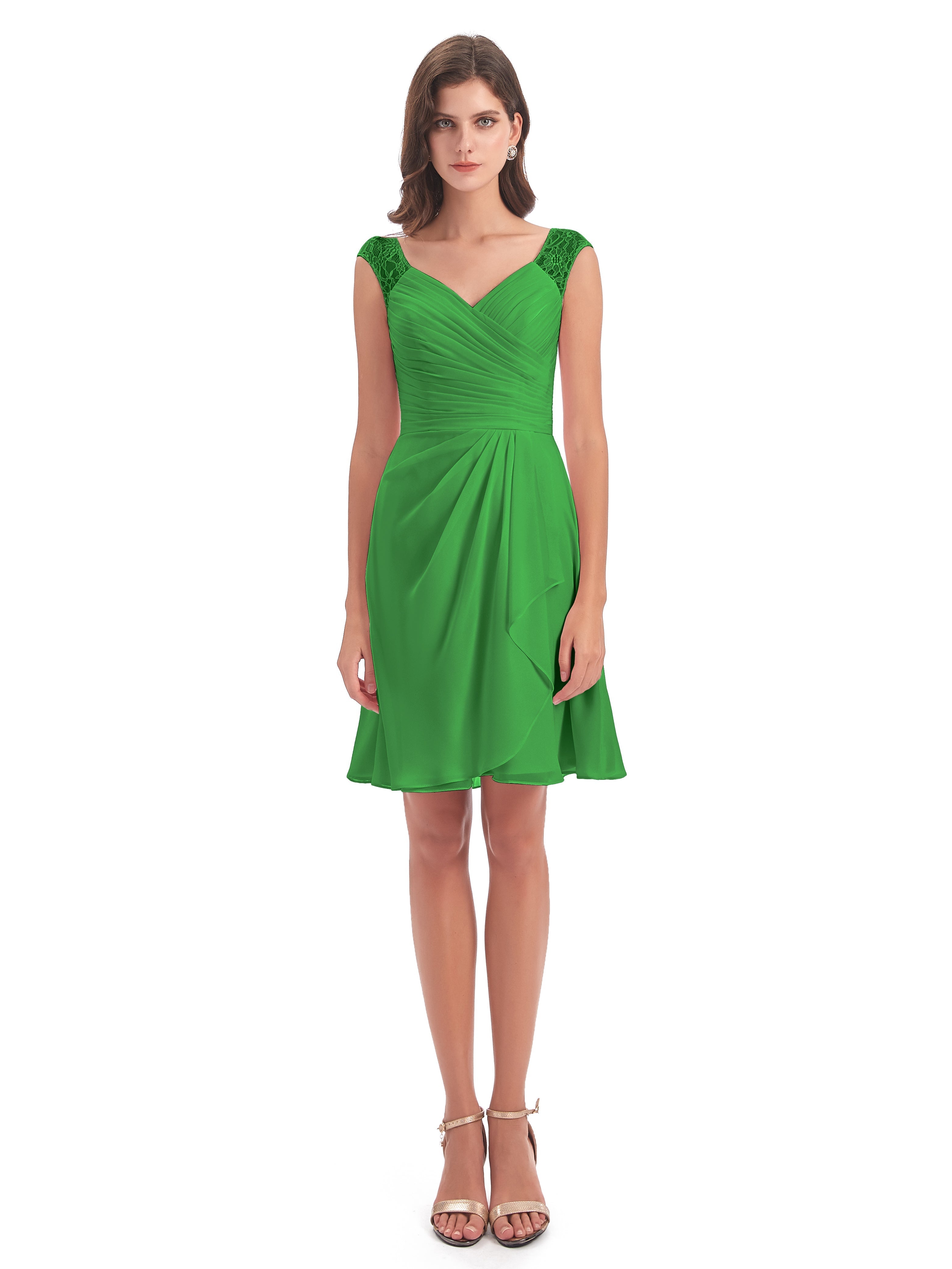 Robe Verte Demoiselle D Honneur Courte Dentelle/Mousseline Robes Demoiselle D'Honneur Avec Plissé