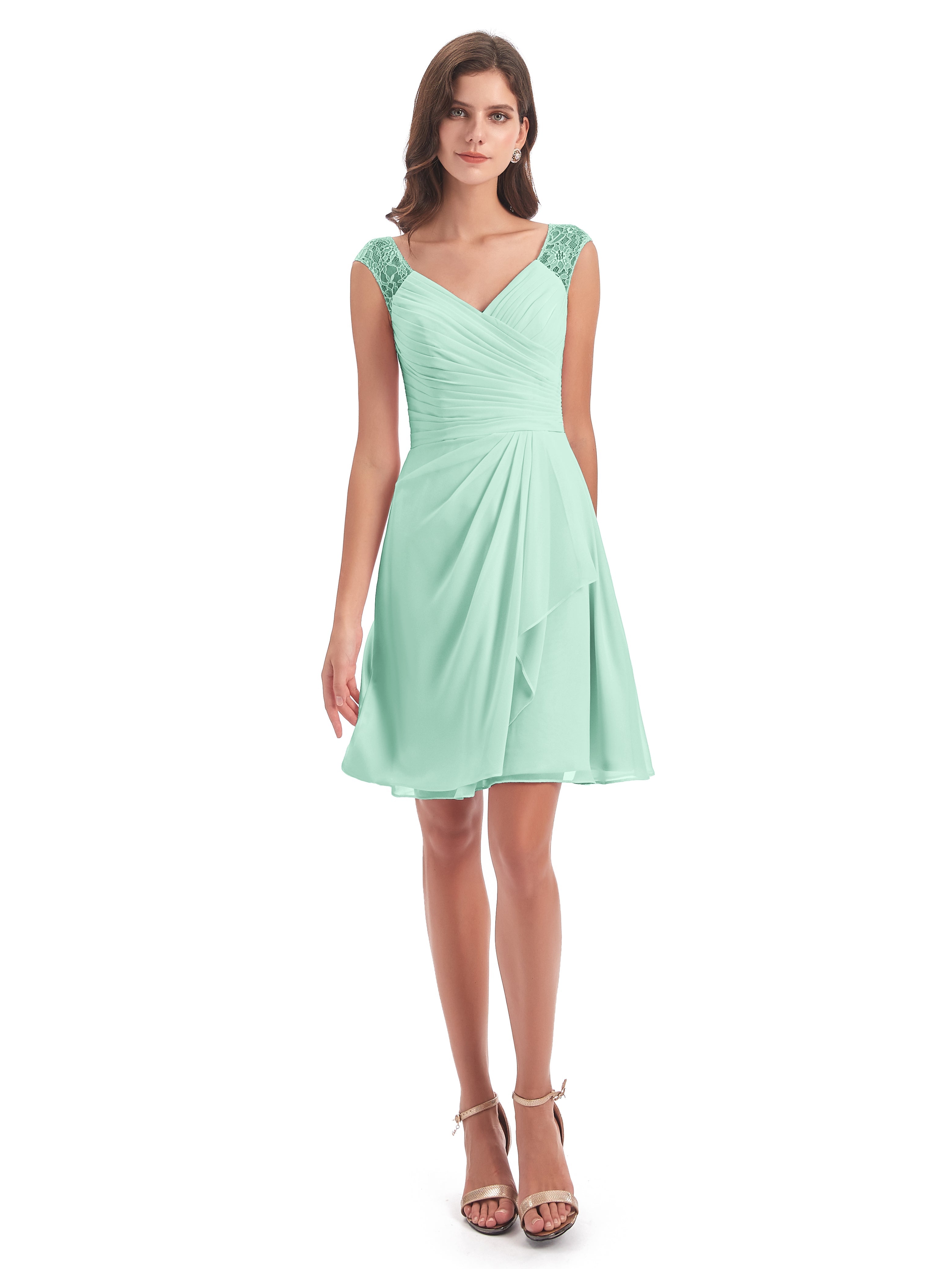 Robe Vert Menthe Demoiselle D Honneur Courte Dentelle/Mousseline Robes Demoiselle D'Honneur Avec Plissé