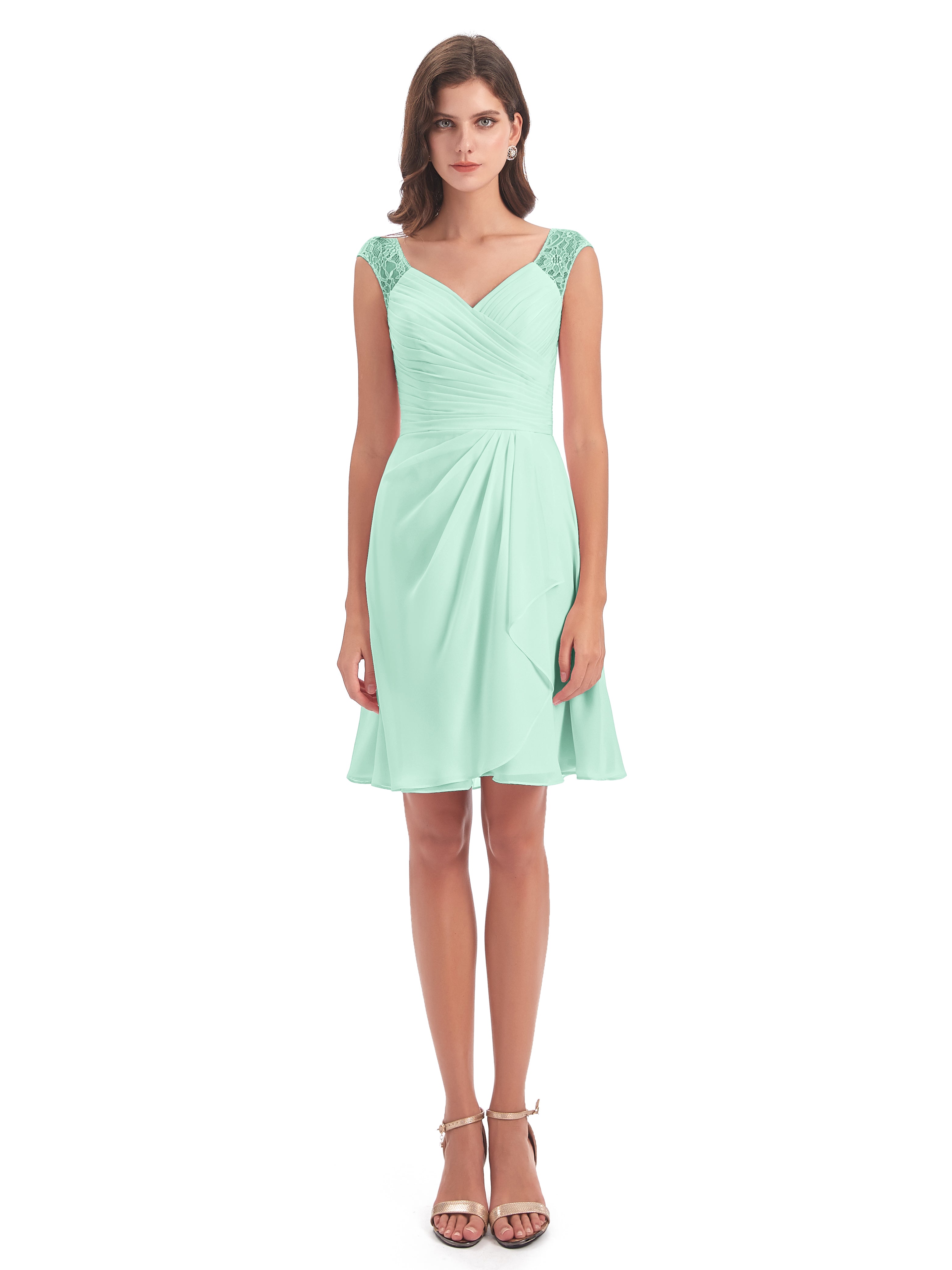Robe Vert Menthe Demoiselle D Honneur Courte Dentelle/Mousseline Robes Demoiselle D'Honneur Avec Plissé