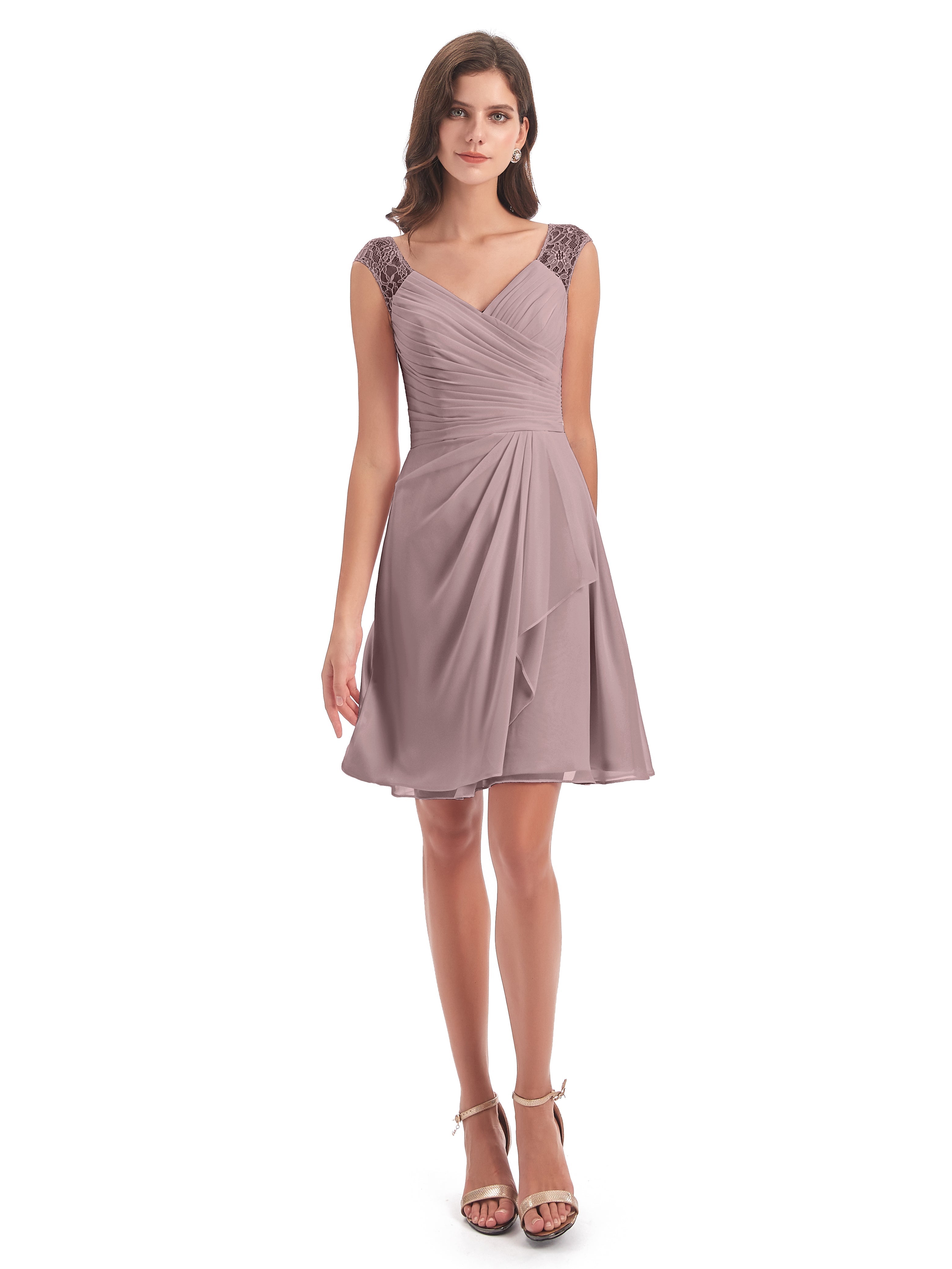 Robes De Demoiselle D'Honneur Vintage Mauve Courte Dentelle/Mousseline Robes Demoiselle D'Honneur Avec Plissé