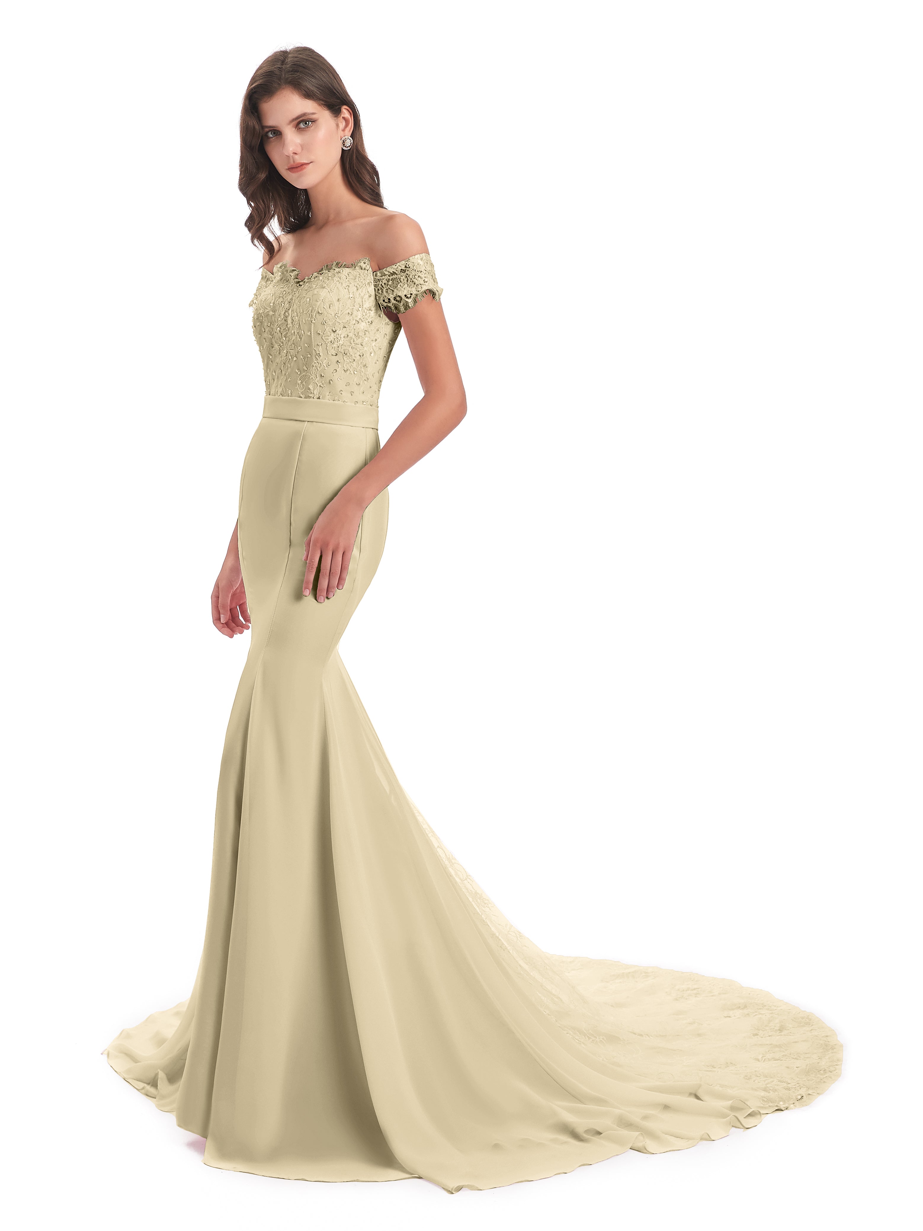 Robe De Demoiselle D'Honneur Champagne Carlee Sirène Traîne Tribunal Hors-La-Épaule Robes Demoiselle D'Honneur