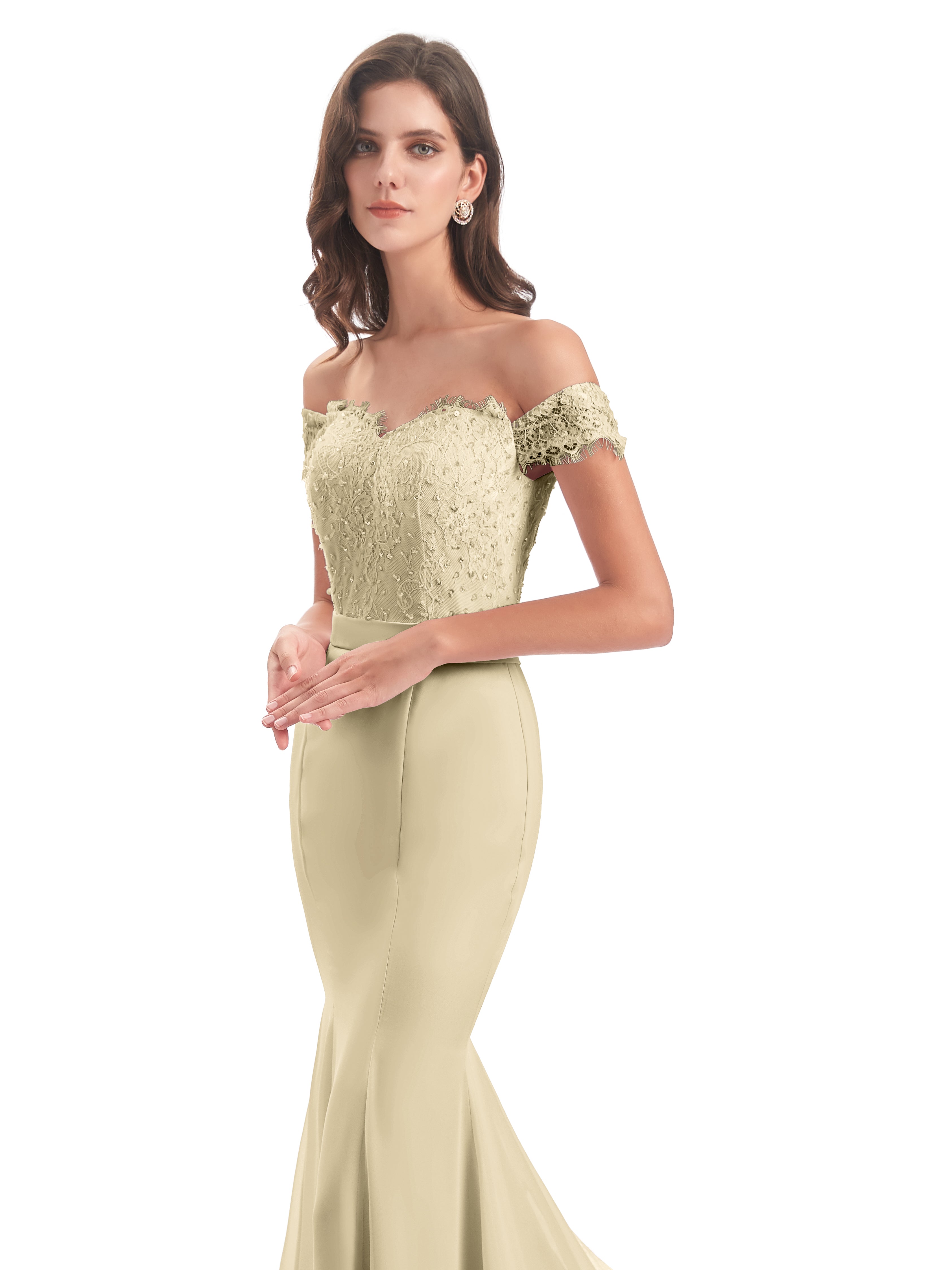 Robe De Demoiselle D'Honneur Champagne Carlee Sirène Traîne Tribunal Hors-La-Épaule Robes Demoiselle D'Honneur