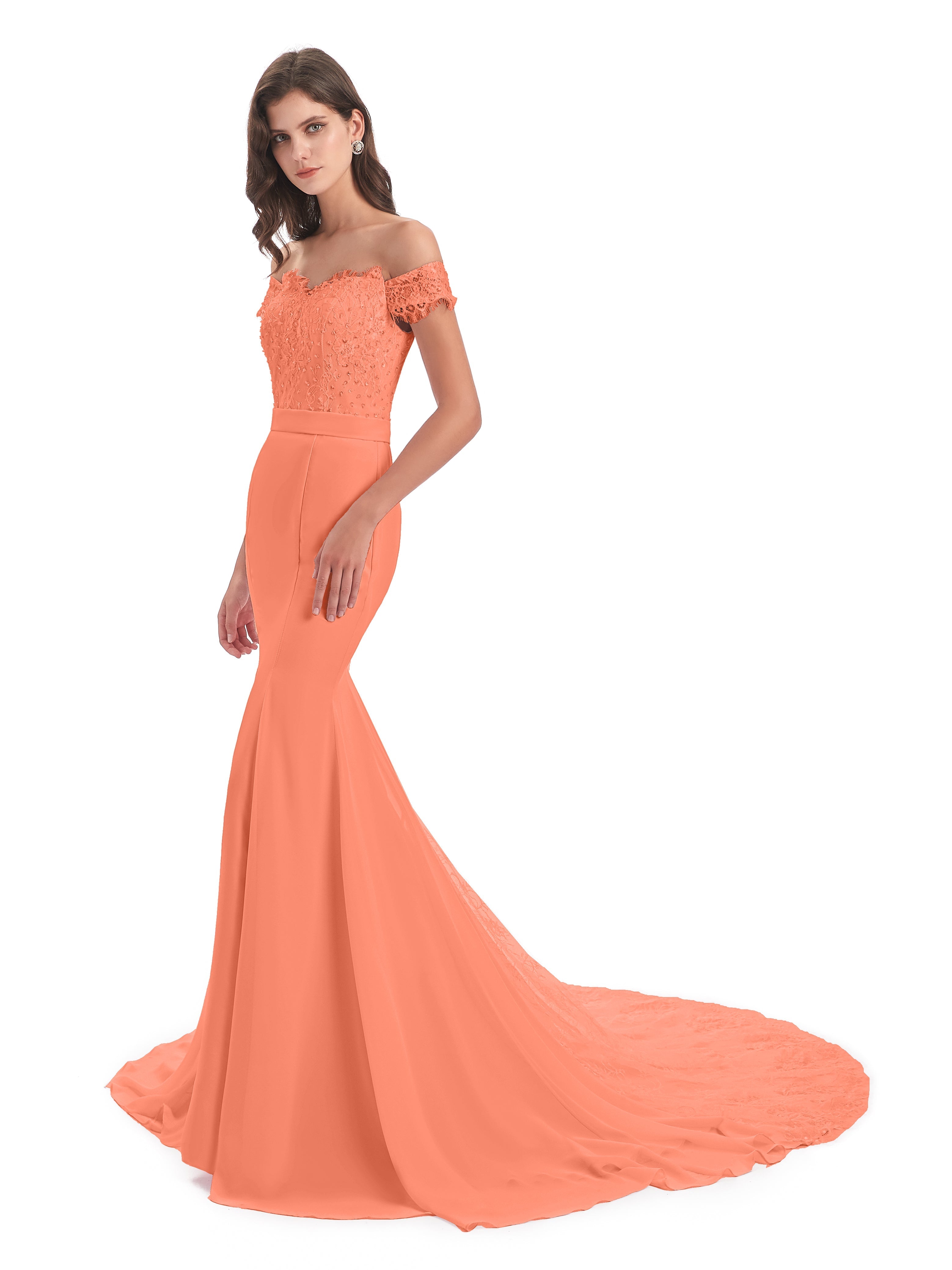 Robes De Demoiselle D'Honneur Coucher De Soleil Carlee Sirène Traîne Tribunal Hors-La-Épaule Robes Demoiselle D'Honneur