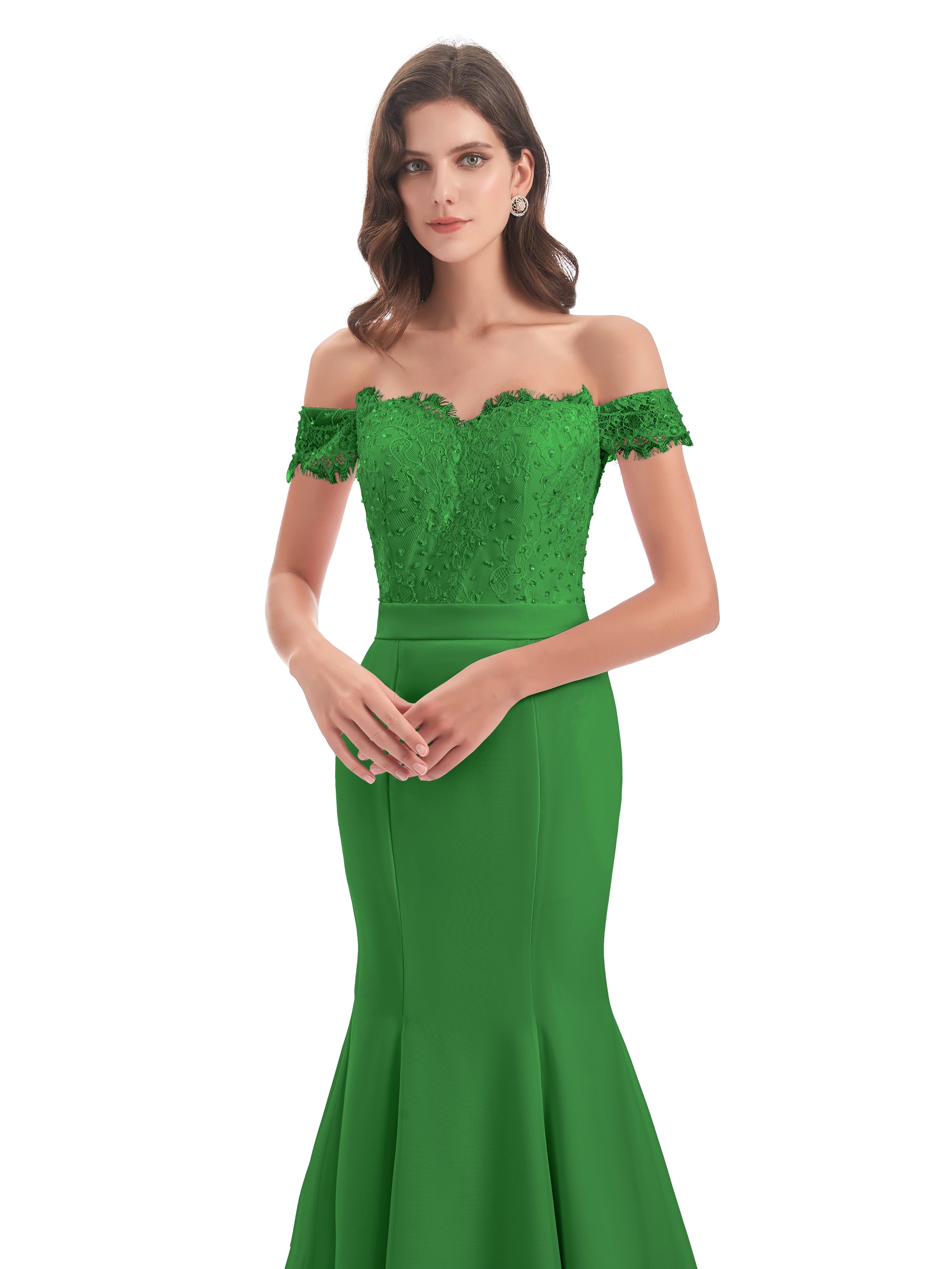 Robe Demoiselle D Honneur Vert Carlee Sirène Traîne Tribunal Hors-La-Épaule Robes Demoiselle D'Honneur