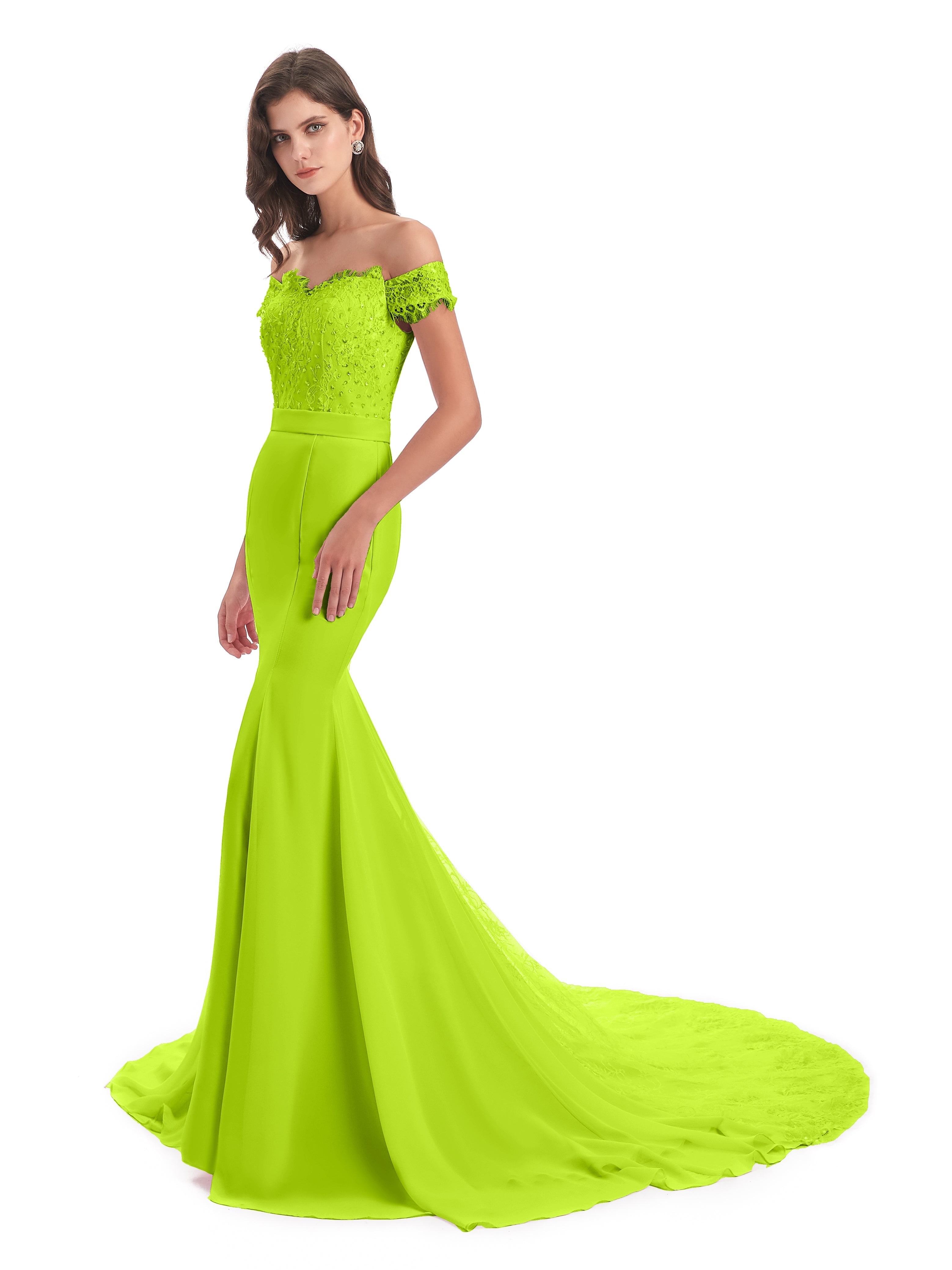 Robes De Demoiselle D'Honneur Vert Citron Carlee Sirène Traîne Tribunal Hors-La-Épaule Robes Demoiselle D'Honneur