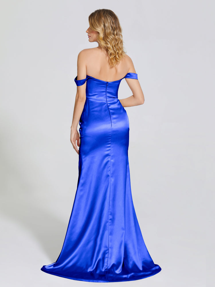 Robes de demoiselle d'honneur longues satin doux fente latérale Hors l'épaule