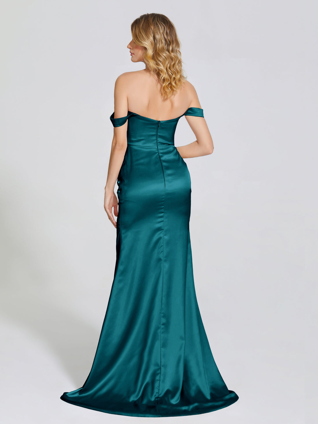 Robe de demoiselle d'honneur asymétrique épaule dénudée Satin doux Unique fente latérale