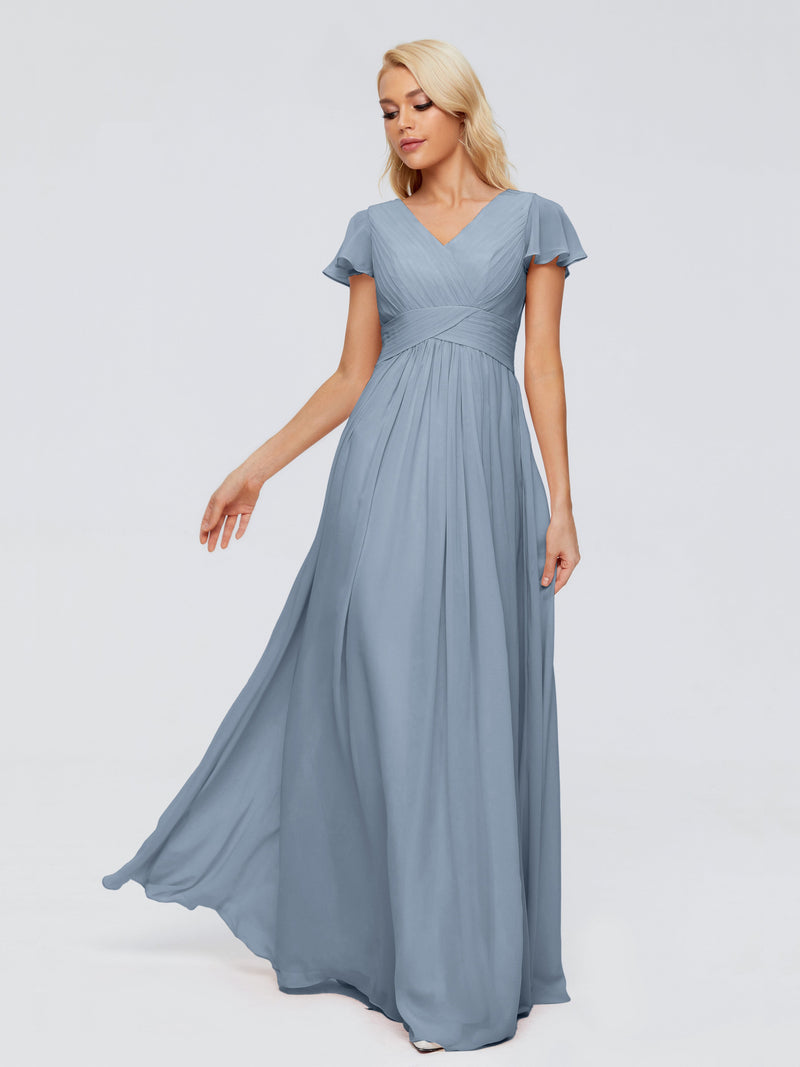 Minetom Robe Longue Soirée Mariage Invitée Femme – Mousseline Col V Manches Courtes Plissée Fendue Fluide Élégante