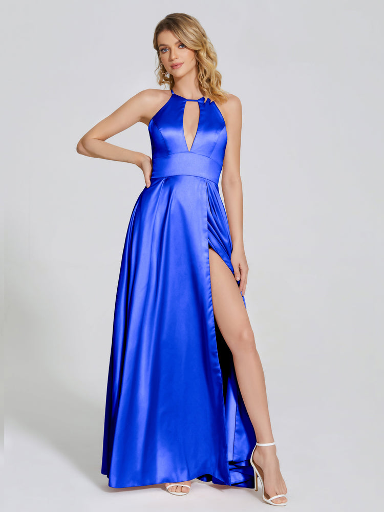Robe de demoiselle d'honneur longue en Satin doux col licou fente sexy grande taille pour mariage