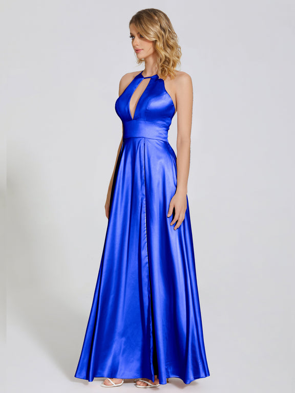 Robes de demoiselle d'honneur longues sexy satin doux bretelles spaghetti fente latérale