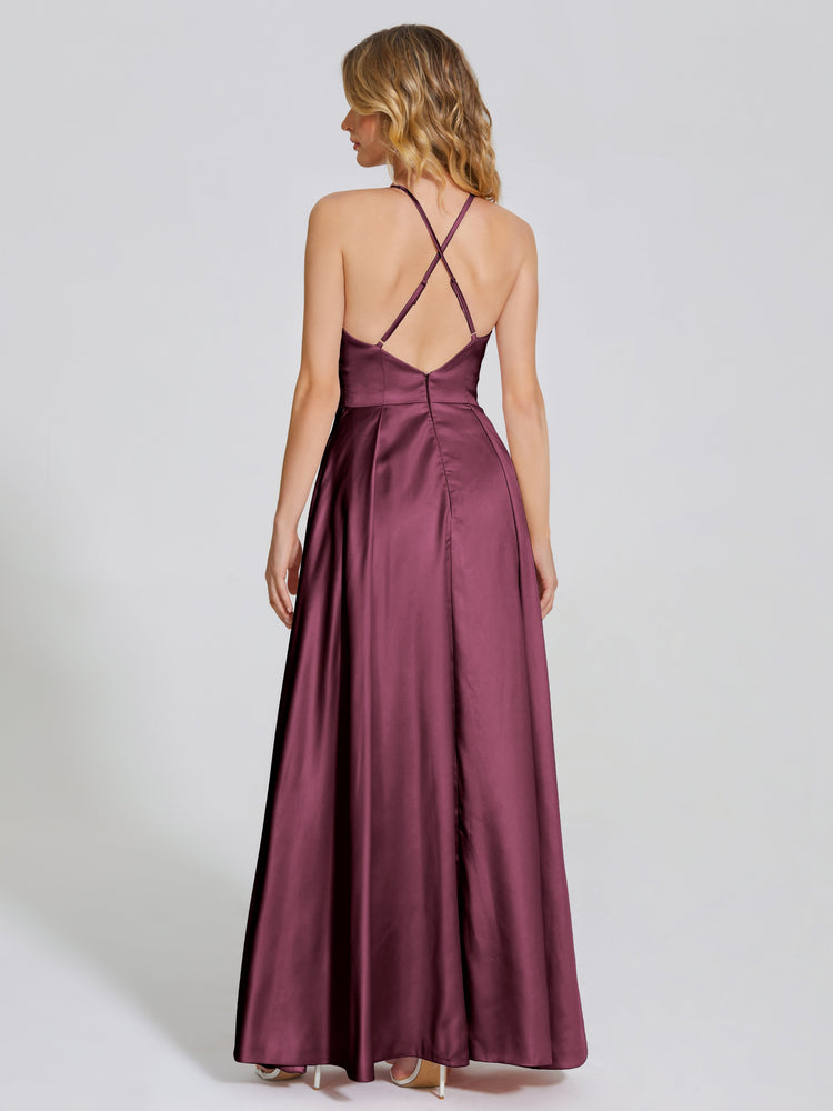Robes de demoiselle d'honneur longue en satin doux bretelles grande tailles