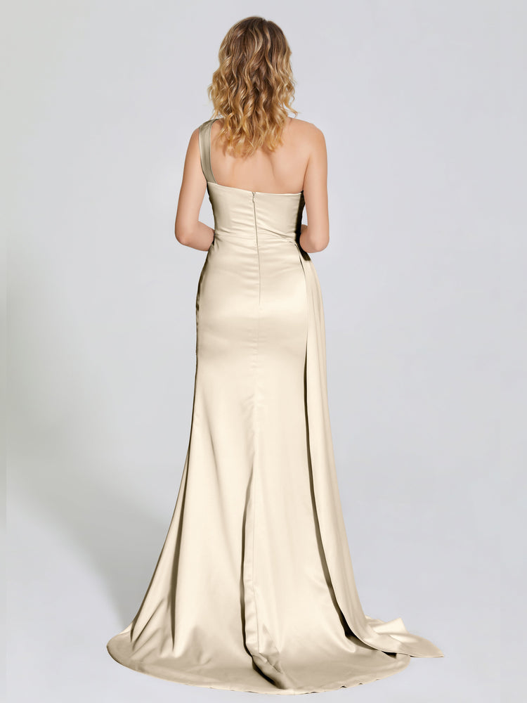 Robe épaule dénudée demoiselle d'honneur longue satin soyeux fente unique robe de bal