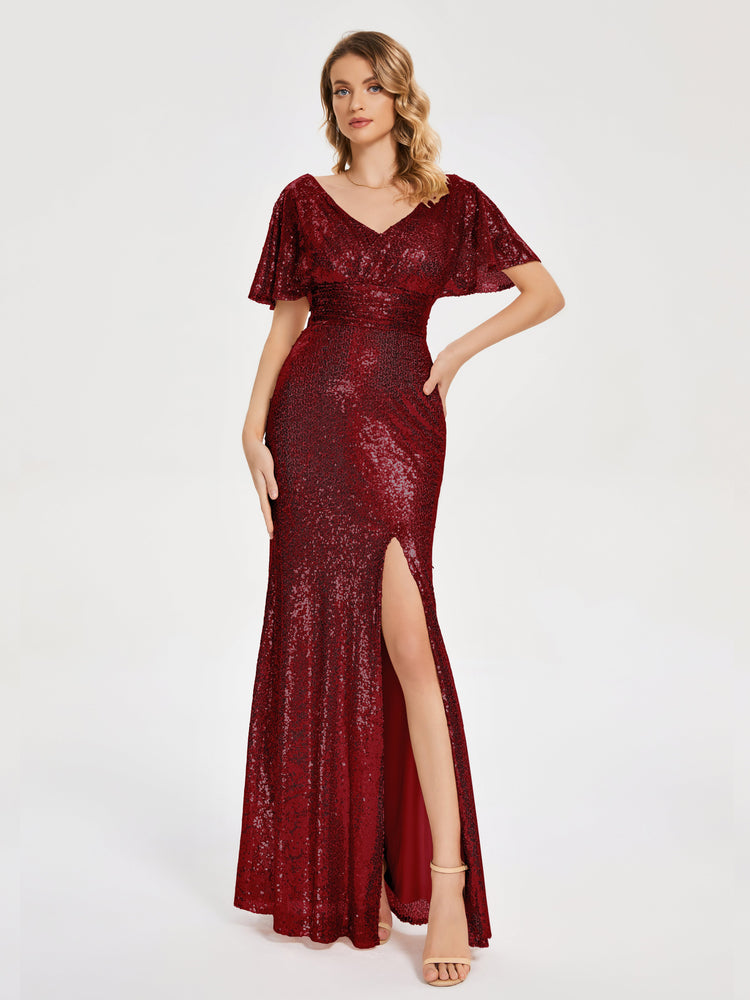 Robe Longue Paillettes Col V - Robe De Soirée, Mariage, Cocktail, élégante Et Moulante