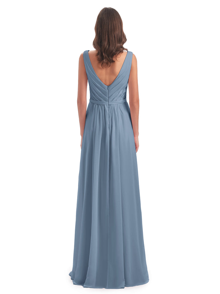 Col v Robes de demoiselle d'honneur mariage longues trapèze en satin doux