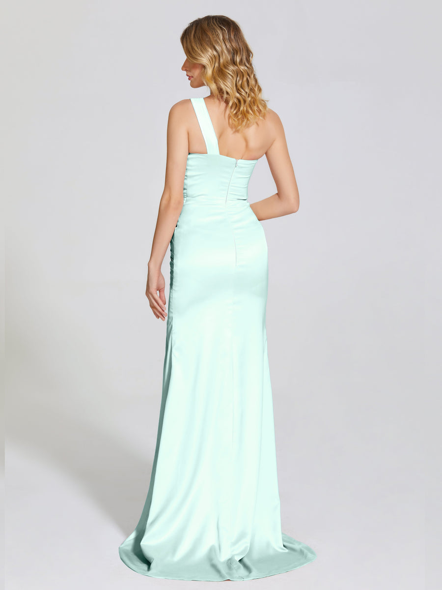 Sexy une épaule sirène Satin longues robes demoiselle d'honneur mariage main image 1