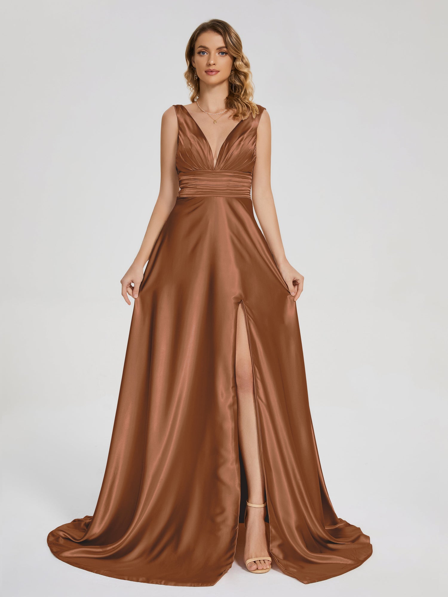 Bretelles Spaghetti Col en V Satin Doux Fente Longues Robes cérémonie main image 0