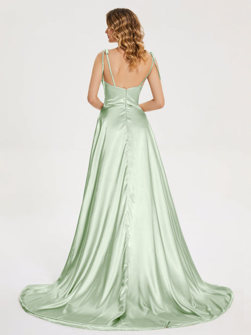 Robes de demoiselle d'honneur mi-longues satin doux sexy fente latérale une épaule