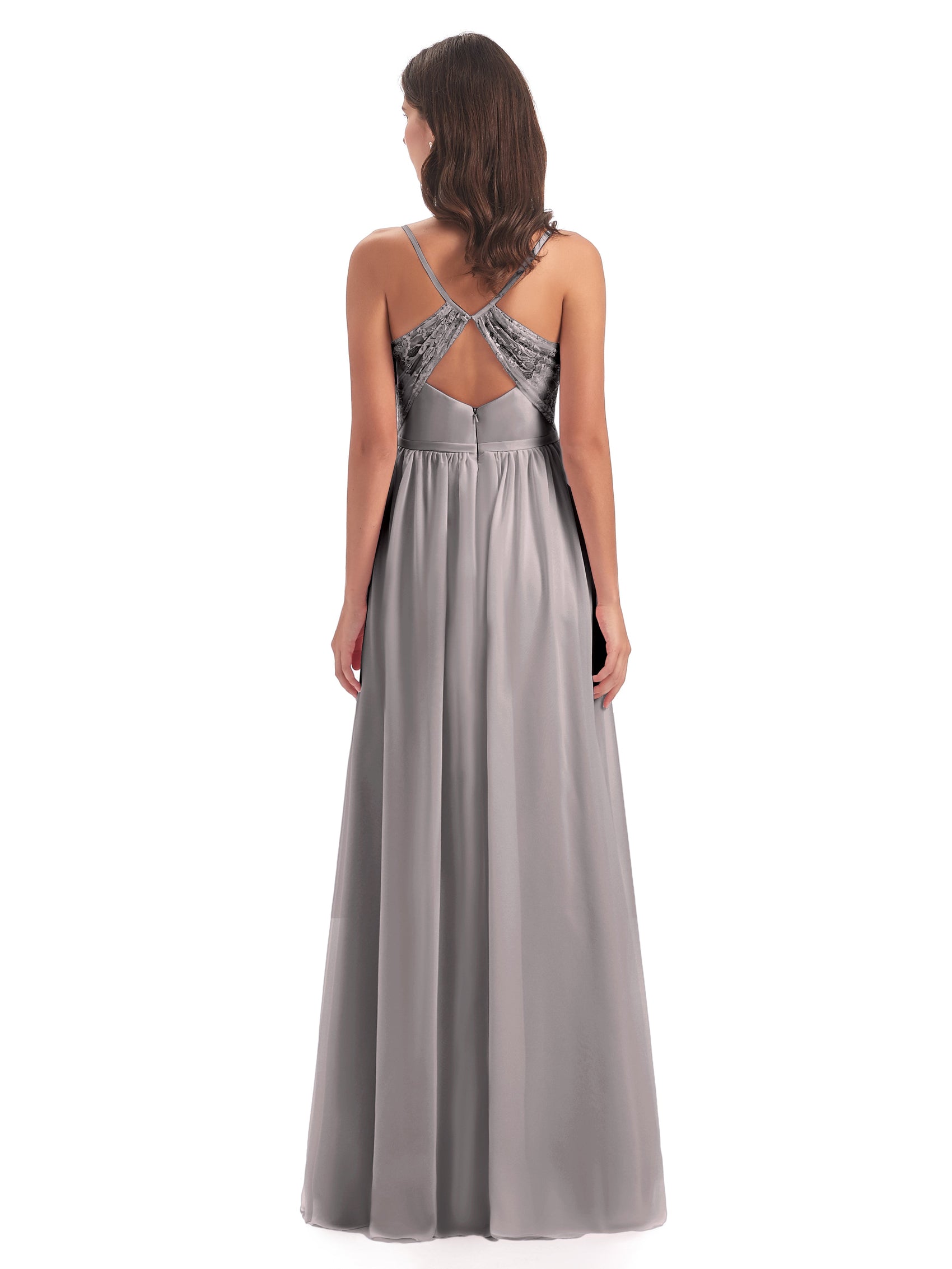 Robe en Mousseline à Dos Ouvert Croisé avec Bretelles Spaghetti Gris Acier