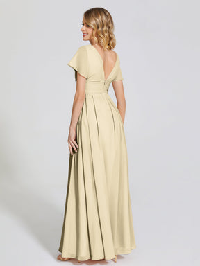 A-ligne  mousseline col en V haut-bas robes de demoiselle d'honneur courtes