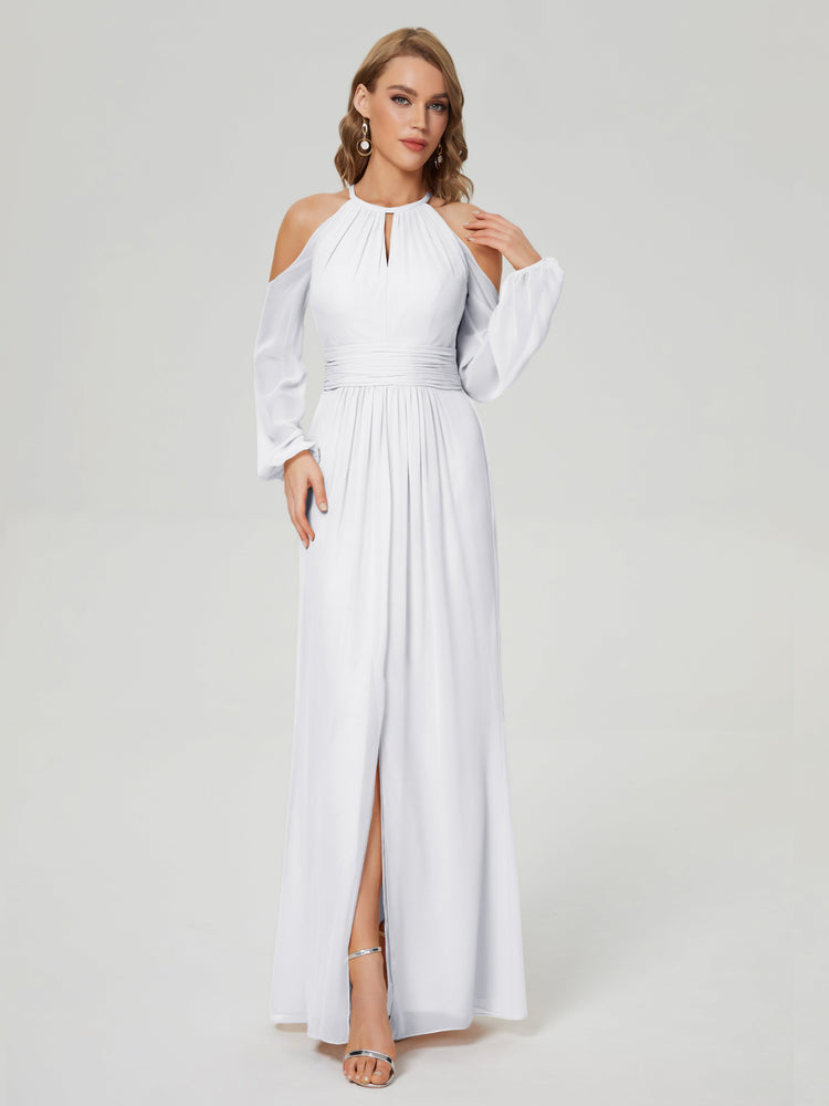 Robes de demoiselle d'honneur longues simples en mousseline de soie à col licou