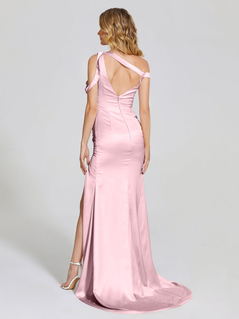 Robes de demoiselle d'honneur longues sirène en satin doux fente latérale col licou sexy main image 0