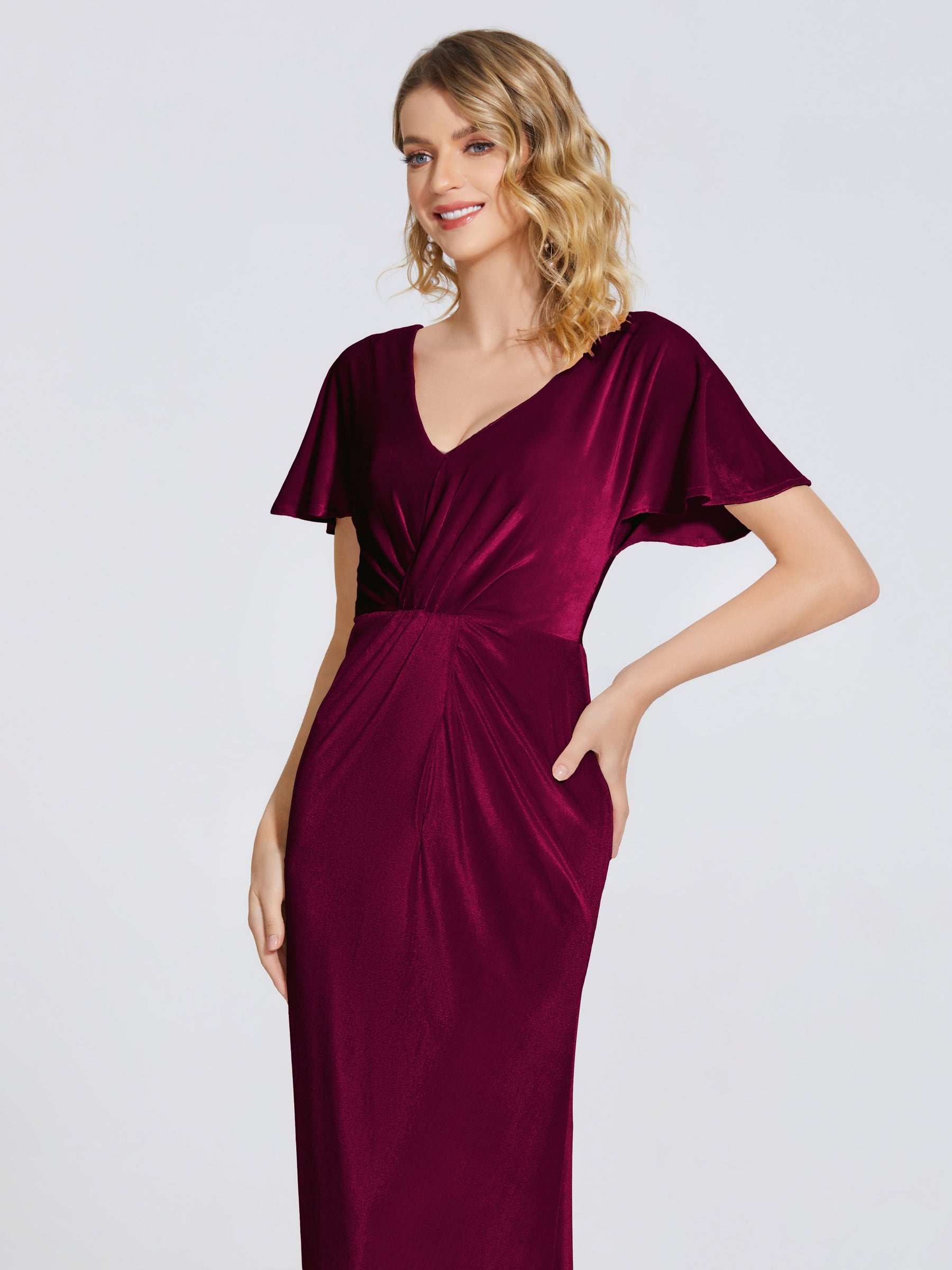 Robes de demoiselle d'honneur sexy dos nu sirène en velours bijou fente haute maxi longues